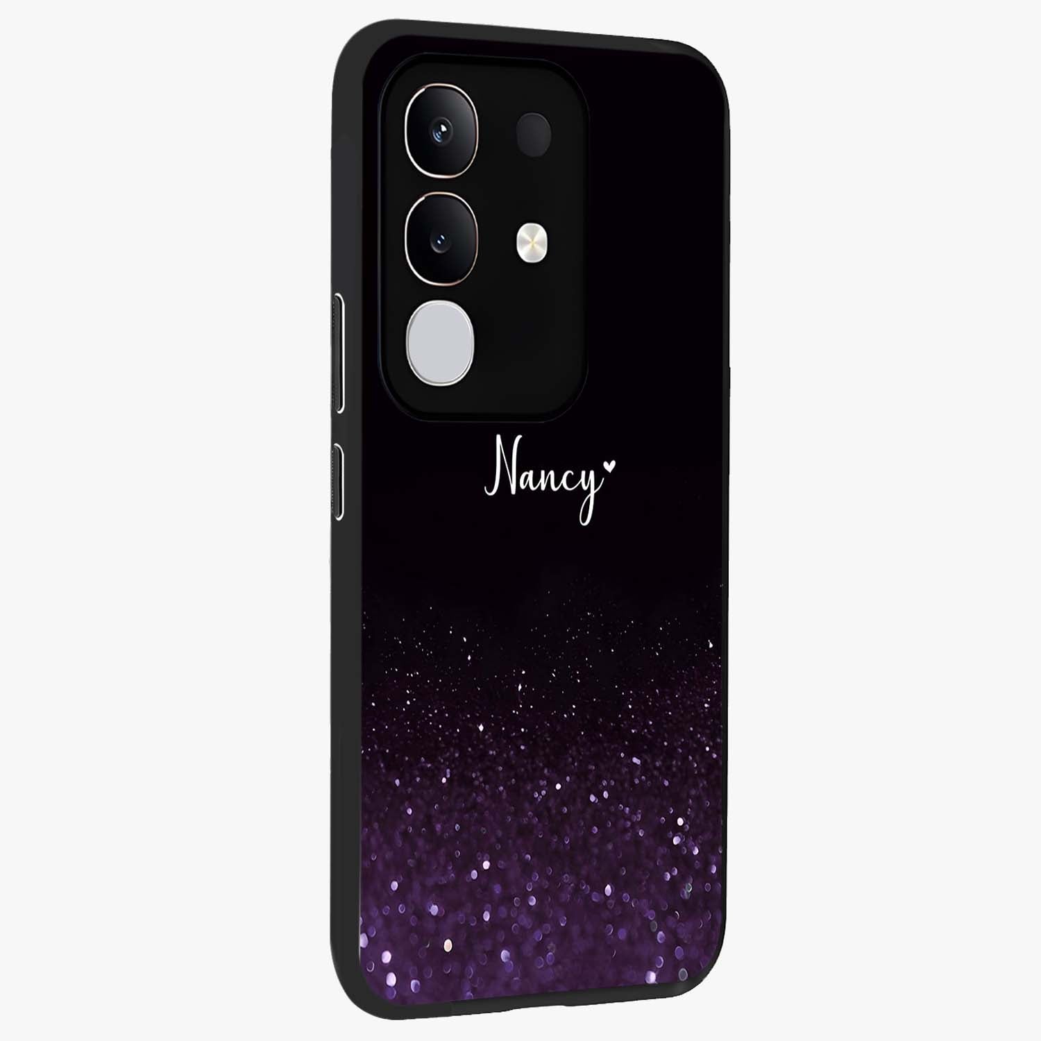 Glittery Purple Bokeh Custom Name Glass Case upright view showcasing vibrant purple sparkle artwork with personalized aesthetic style.