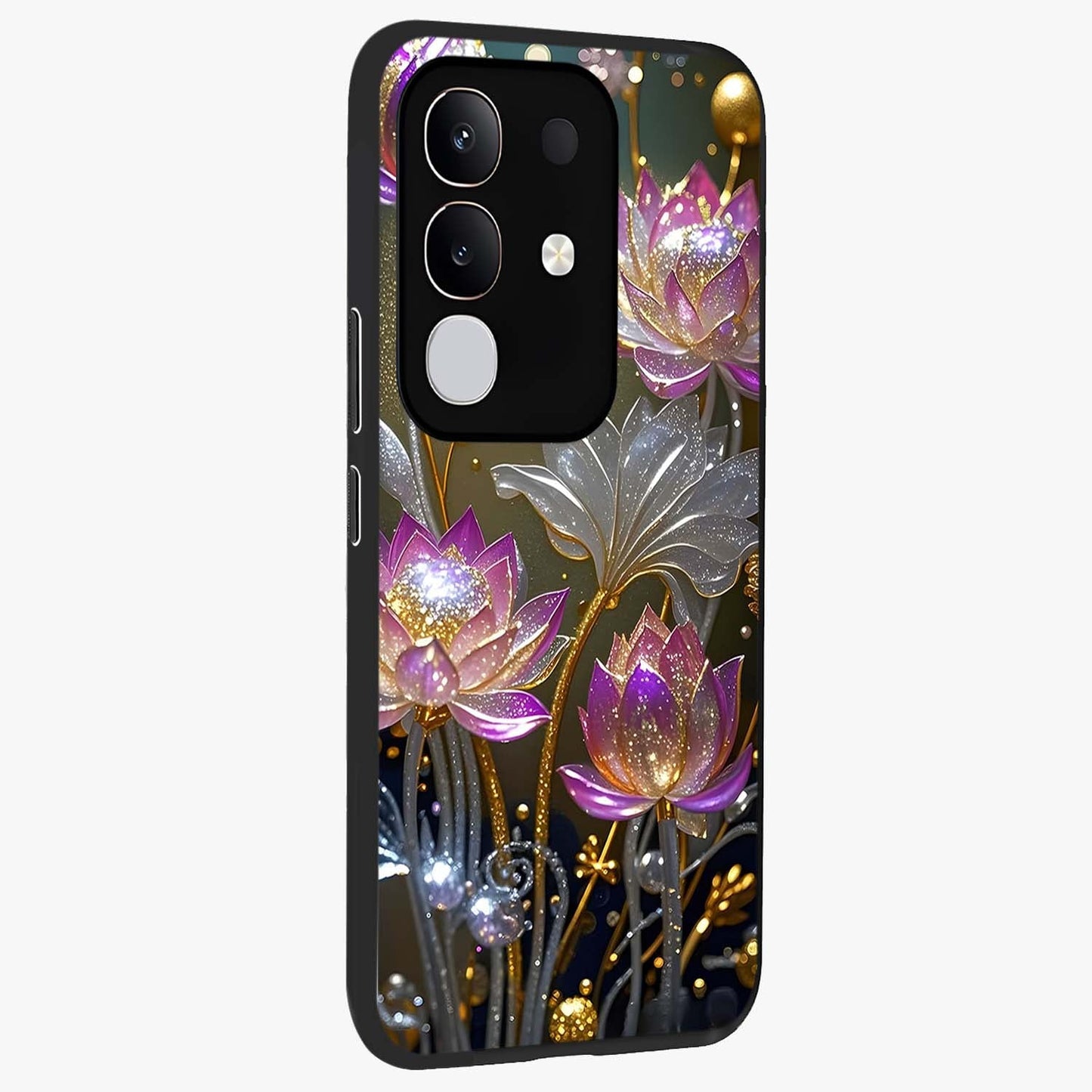 Golden Floral Majesty Glass Case upright view showcasing majestic floral artwork with rich decorative theme.