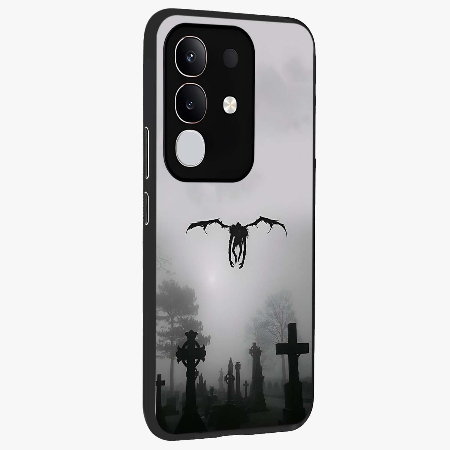 Graveyard Shadow Descent Glass Case upright view showcasing haunting graveyard artwork with dramatic dark theme.