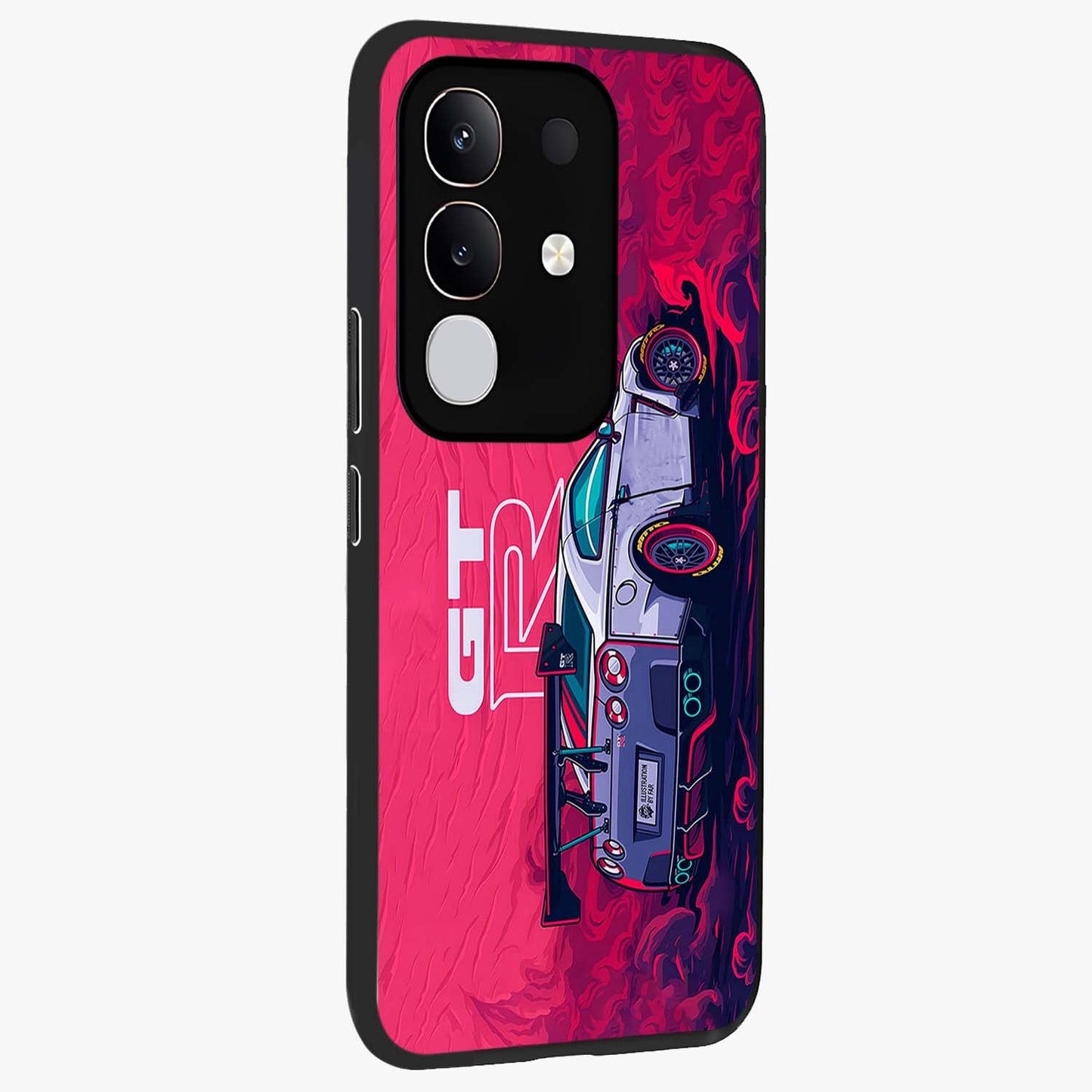GT-R Car Pattern Glass Case upright view showcasing dynamic car pattern artwork with modern sports theme.