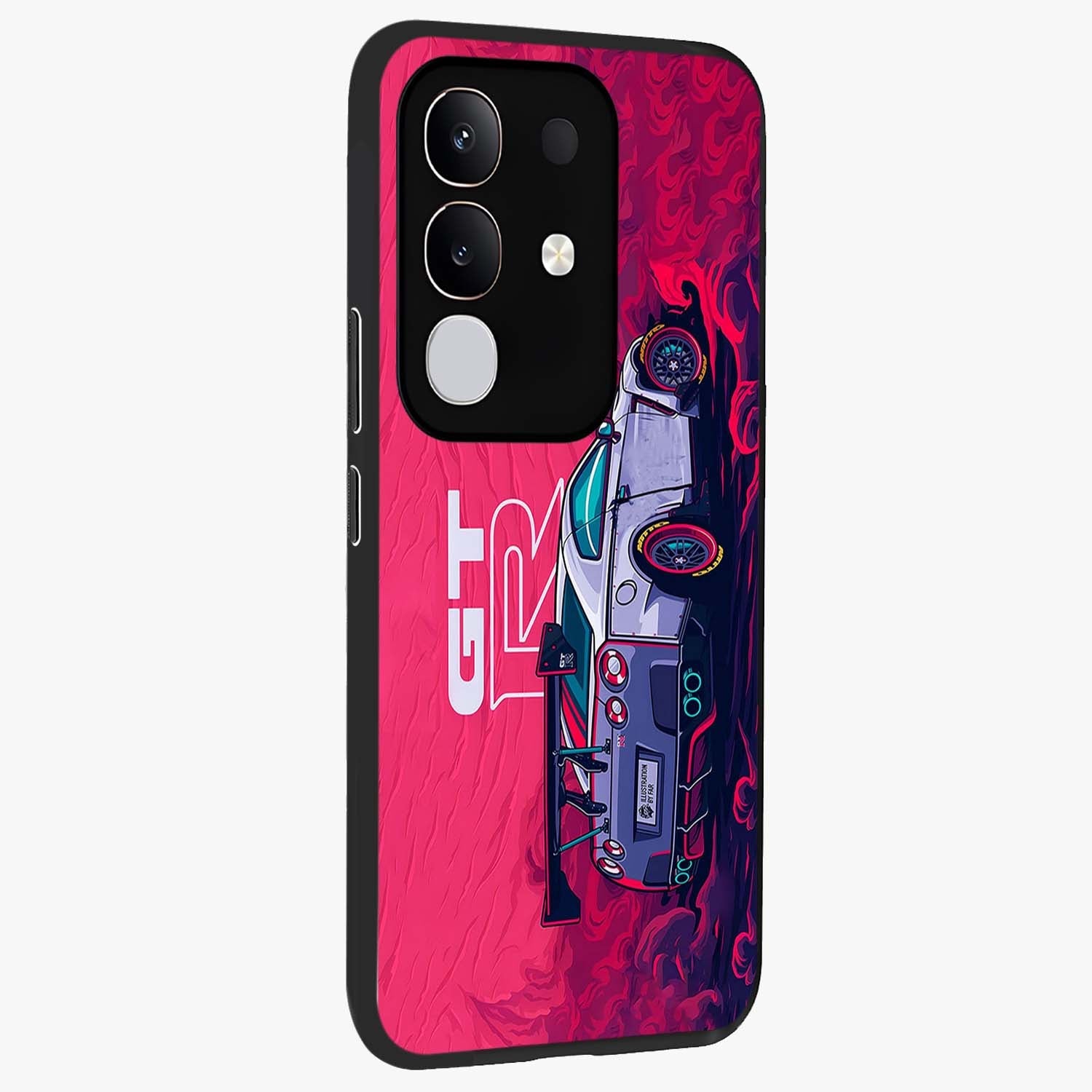 GT-R Car Pattern Glass Case upright view showcasing dynamic car pattern artwork with modern sports theme.