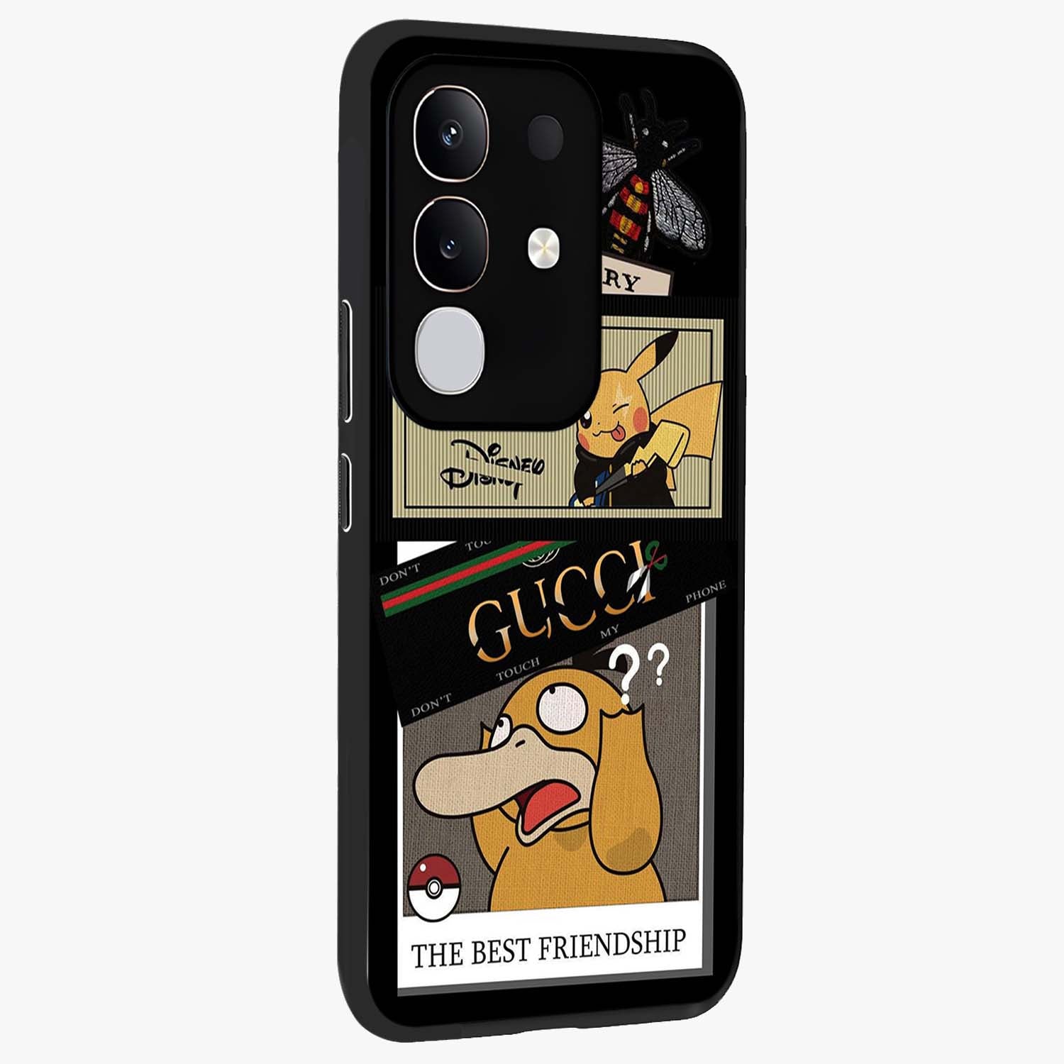Gucci Play Mashup Glass Case upright view showcasing trendy luxury inspired artwork with modern fashion theme.
