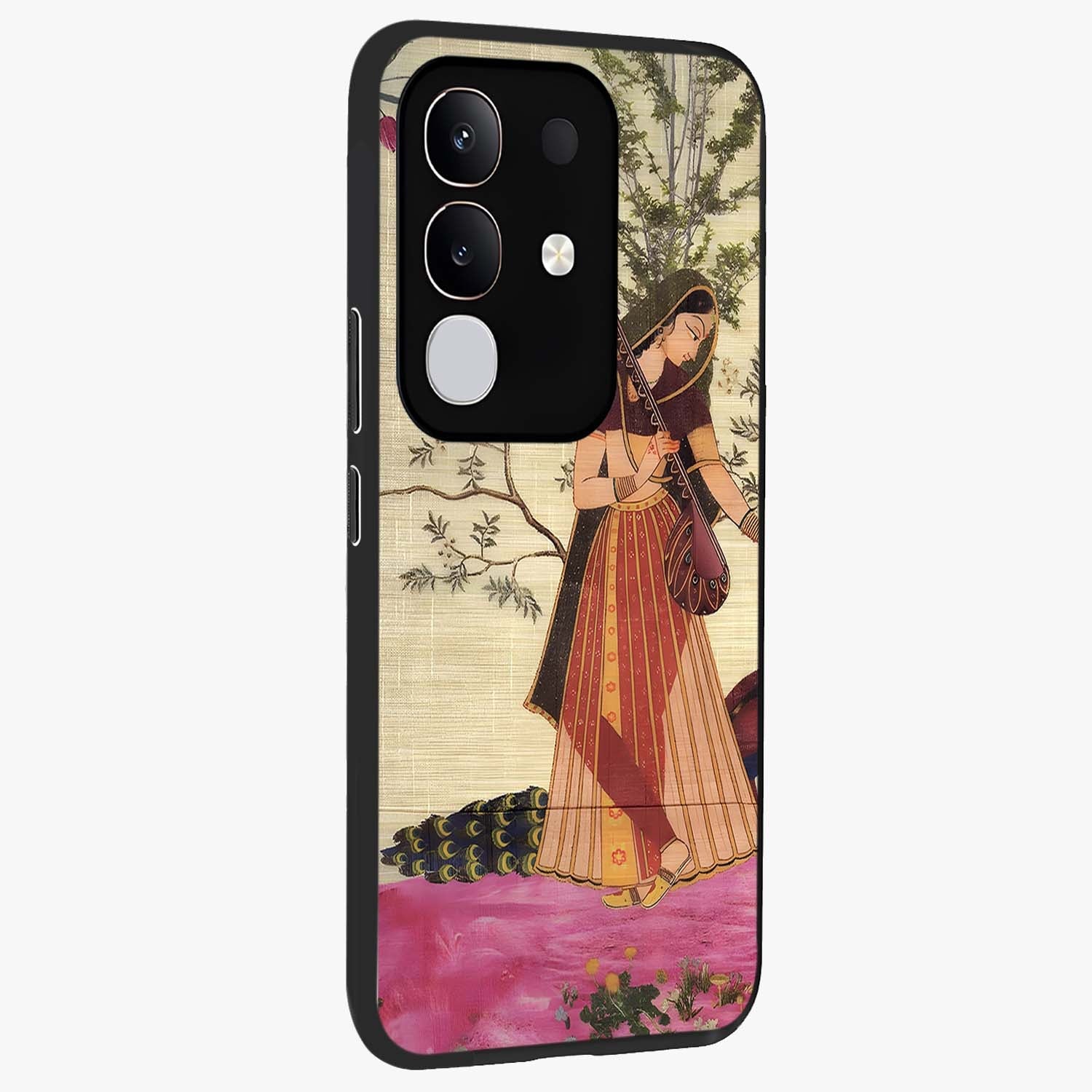 Lady With Veena Art Glass Case upright view showcasing classical veena artwork with traditional artistic theme.