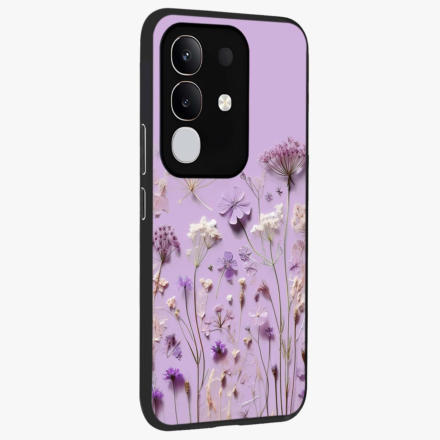 Lavender Blossom Dream Glass Case upright view showcasing delicate lavender blossom artwork with peaceful floral theme.