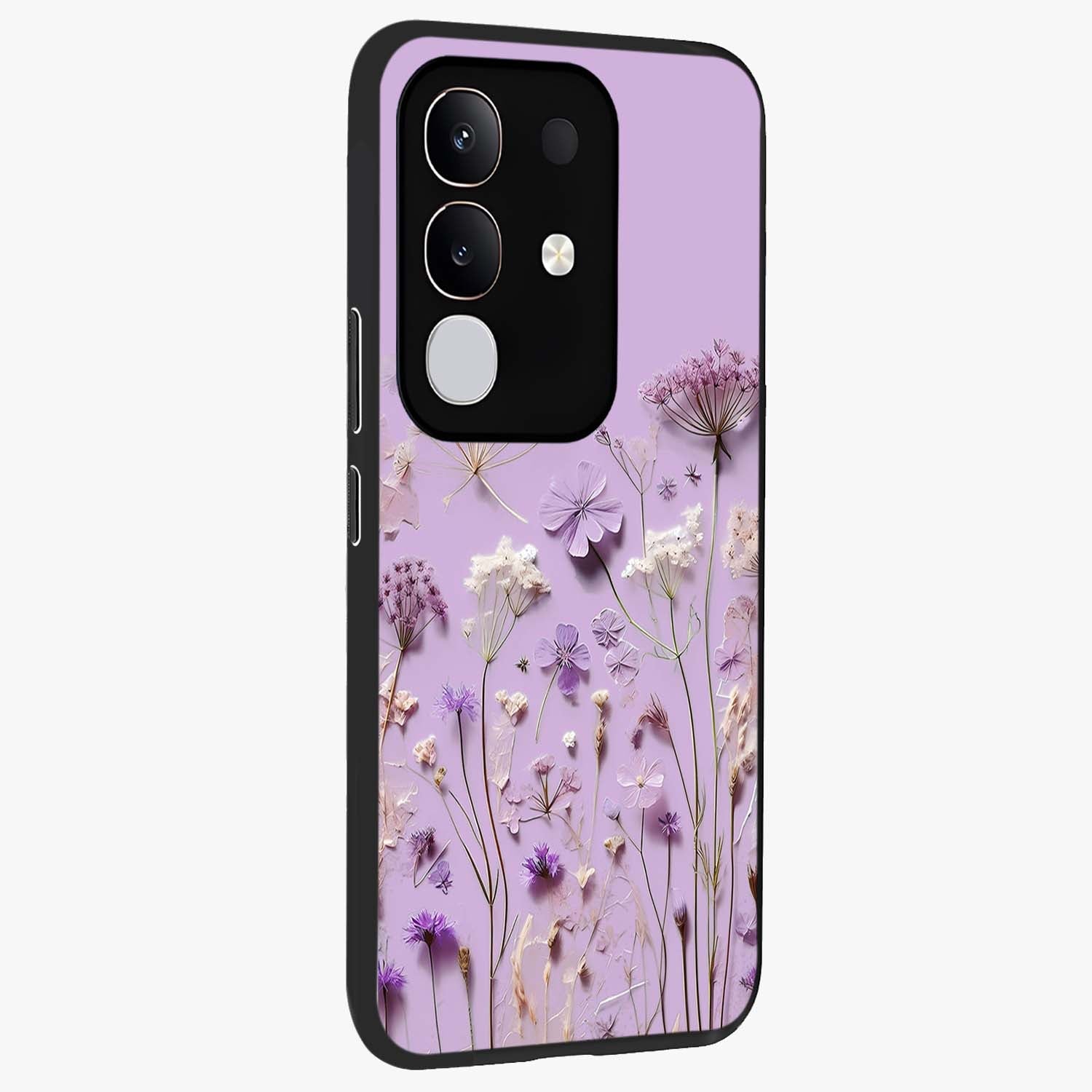 Lavender Blossom Dream Glass Case upright view showcasing delicate lavender blossom artwork with peaceful floral theme.