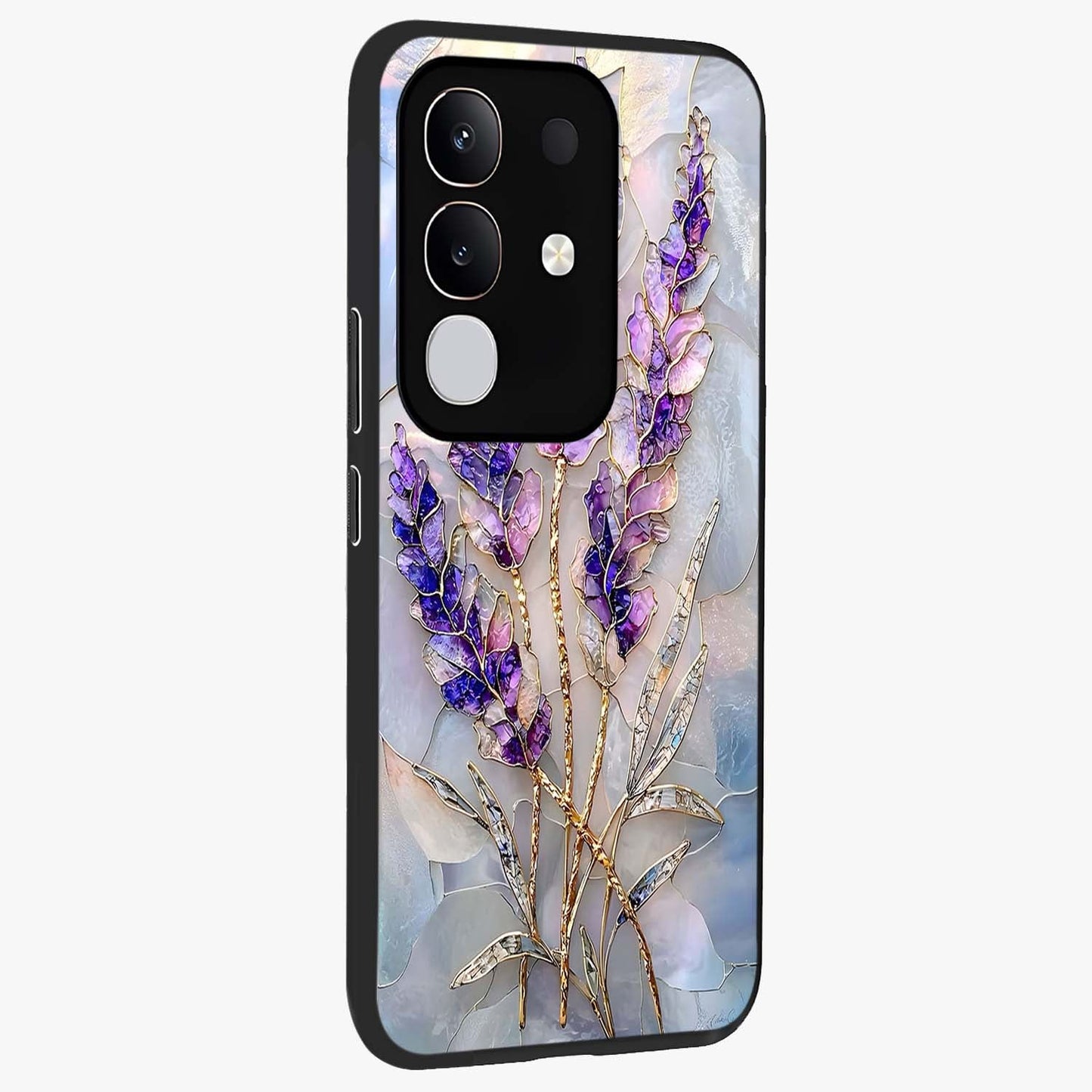 Lavender Dream Glow Glass Case upright view showcasing radiant lavender glow artwork with calming dreamy theme.