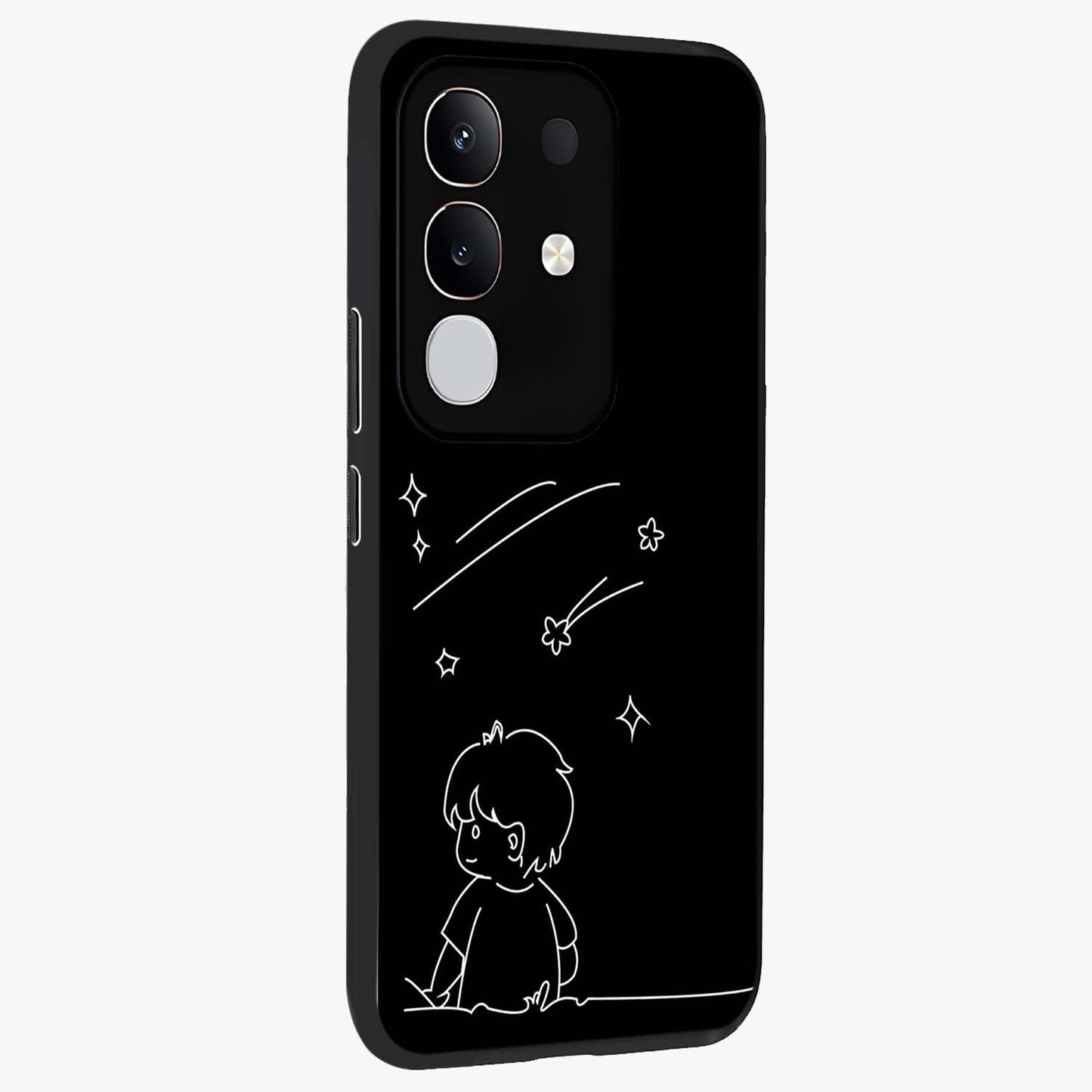 Line Art Boy With Shooting Stars Glass Case upright view showcasing artistic shooting star illustration with minimal style.