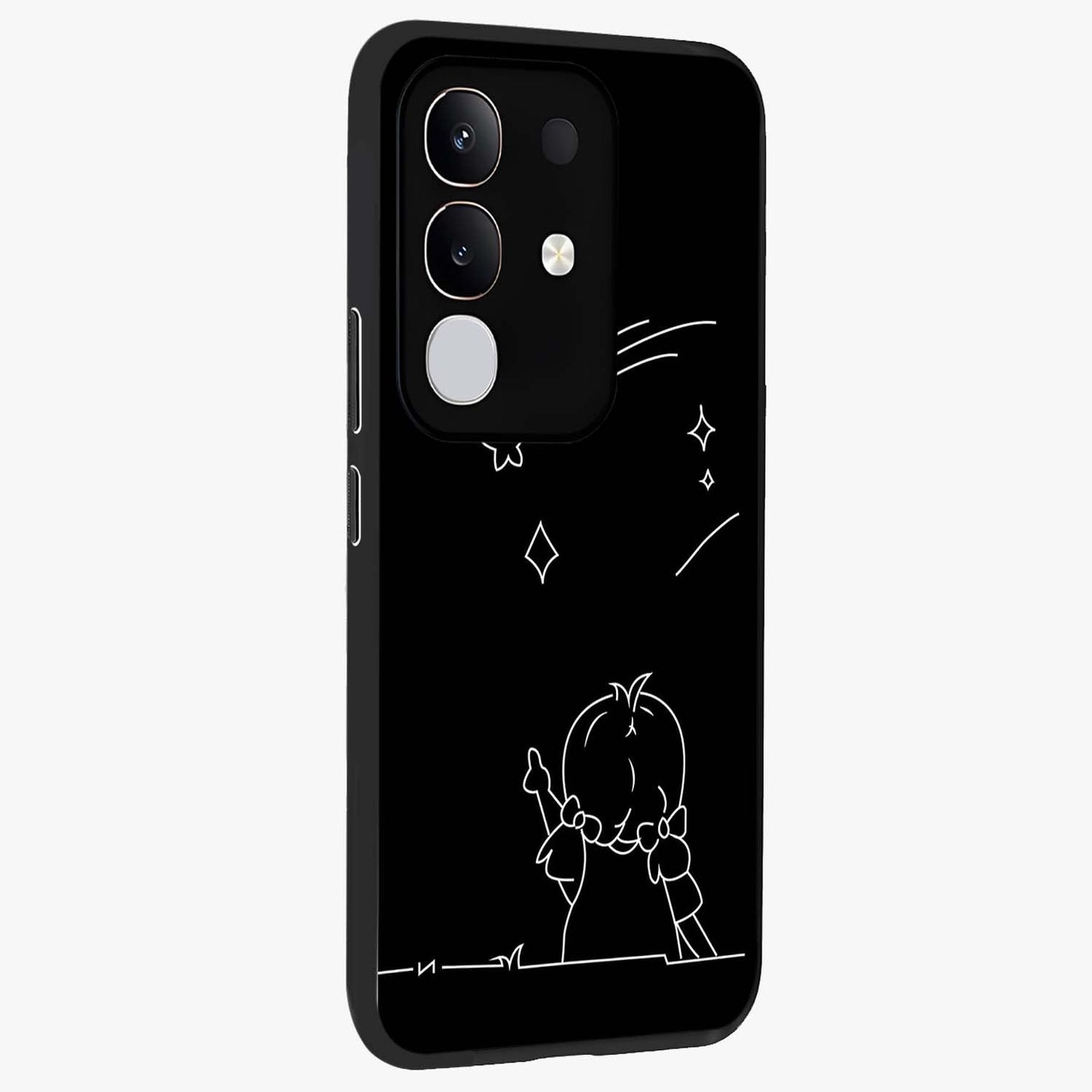 Line Art Girl With Shooting Stars Glass Case upright view showcasing delicate shooting stars artwork with minimal artistic theme.