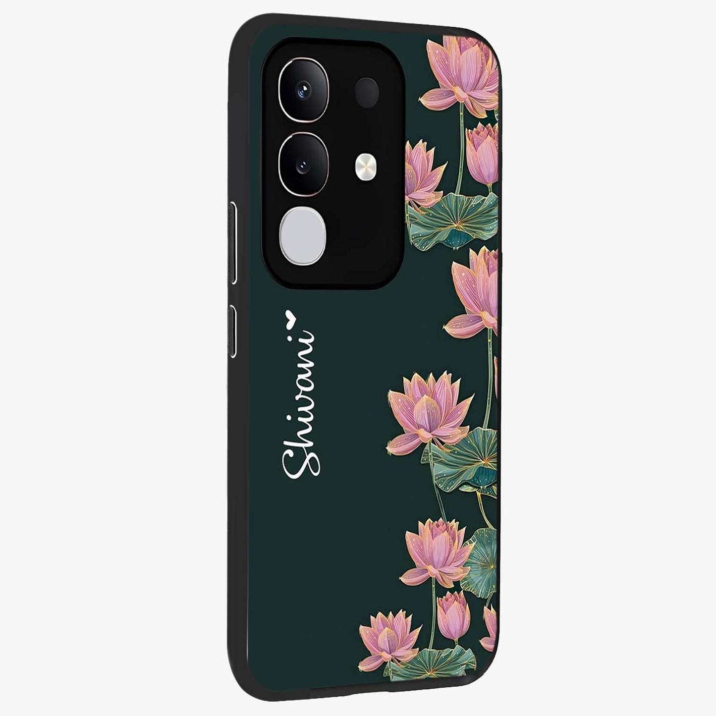 Lotus Bloom Serenity Custom Name Glass Case upright view showcasing serene lotus bloom artwork with personalized floral aesthetic.