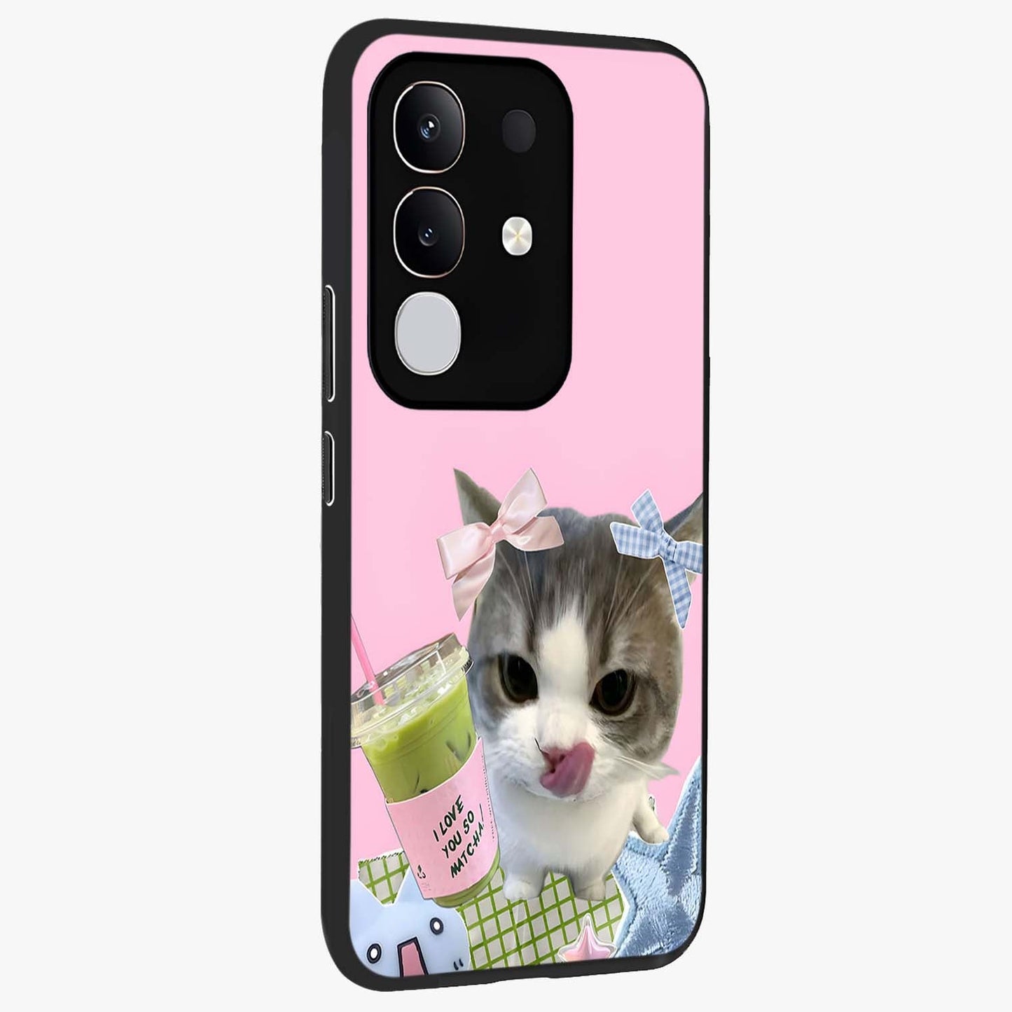 Love Matcha Cat Glass Case upright view showcasing adorable cat artwork with charming matcha themed design.