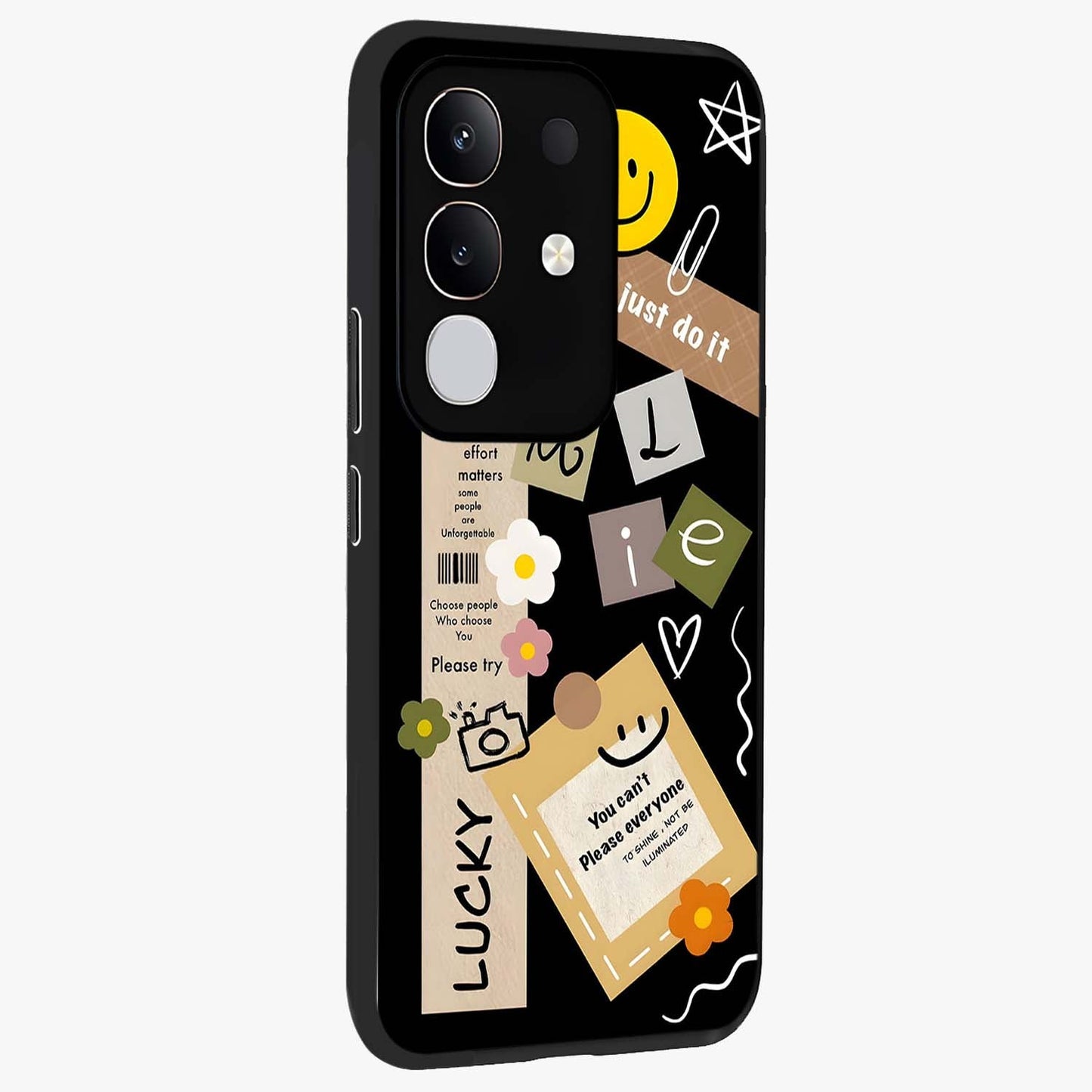 Lucky Aesthetic Collage Glass Case upright view showcasing vibrant collage artwork with youthful aesthetic theme.