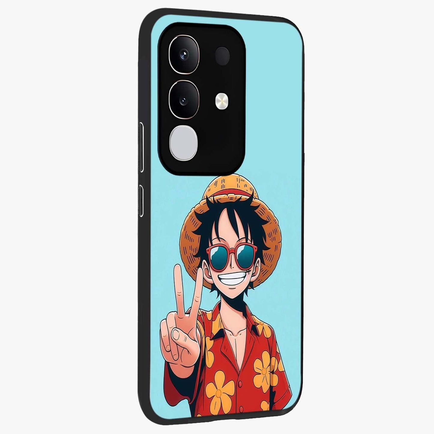 Luffy Summer Anime Vibe Glass Case upright view showcasing dynamic anime artwork with bright adventurous theme.