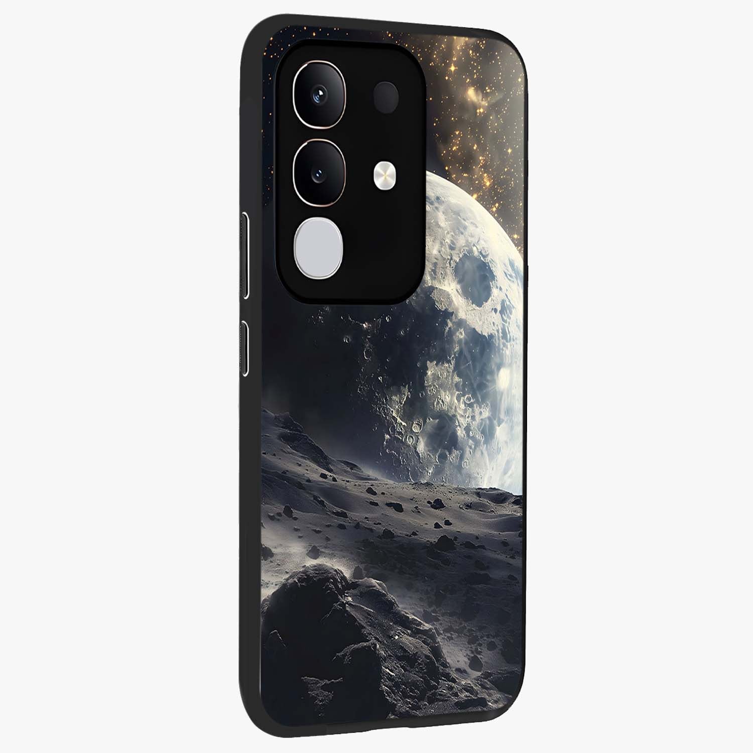 Lunar Horizon Glow Glass Case upright view showcasing radiant lunar artwork with calm cosmic theme.