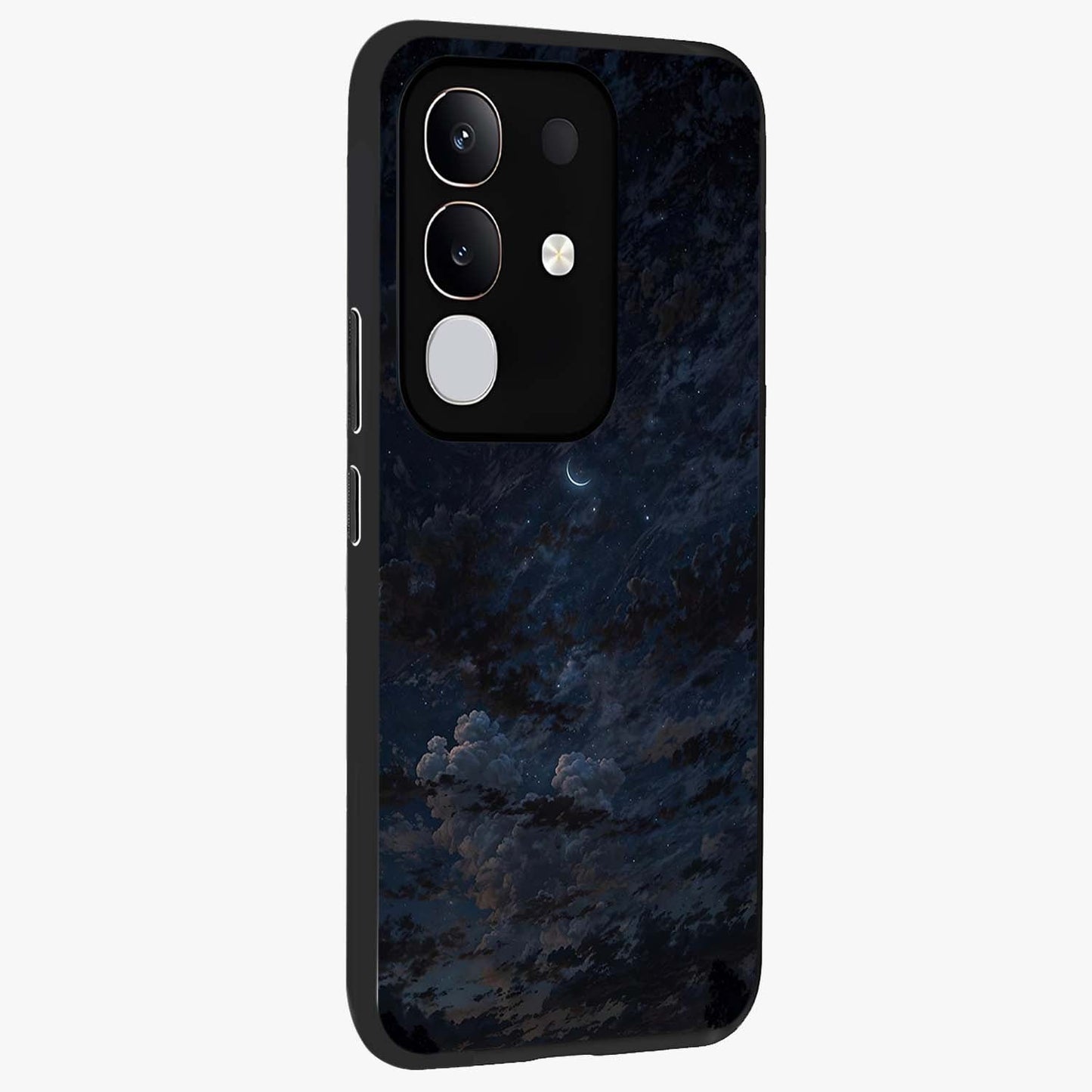 Lunar Veil Silence Glass Case upright view showcasing calm moon themed artwork with serene night atmosphere.