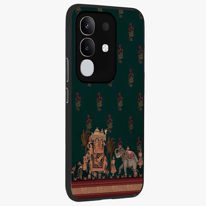 Macmerise Glass Case upright view showcasing bold artistic artwork with contemporary design theme.