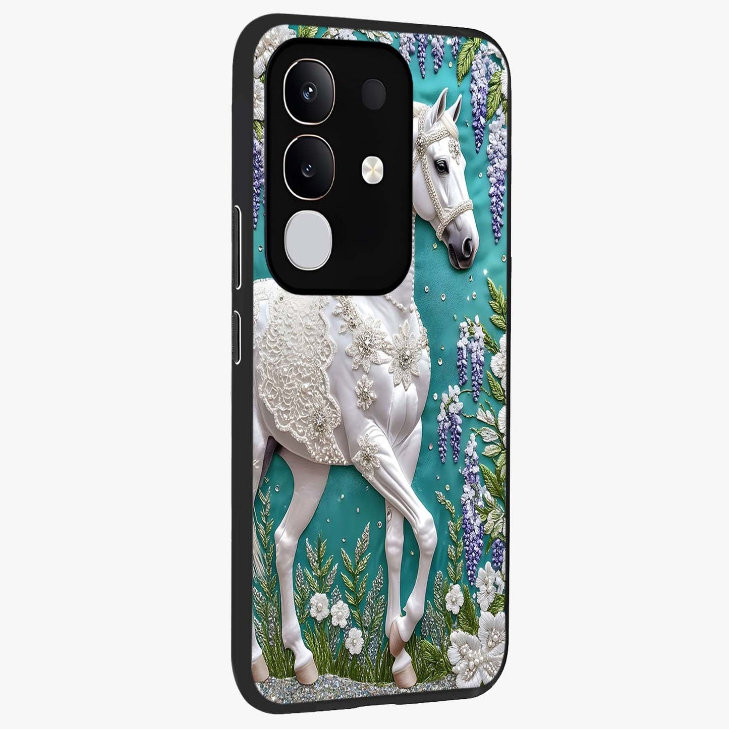 Majestic Floral Stallion Glass Case upright view showcasing dramatic horse artwork with decorative floral theme.