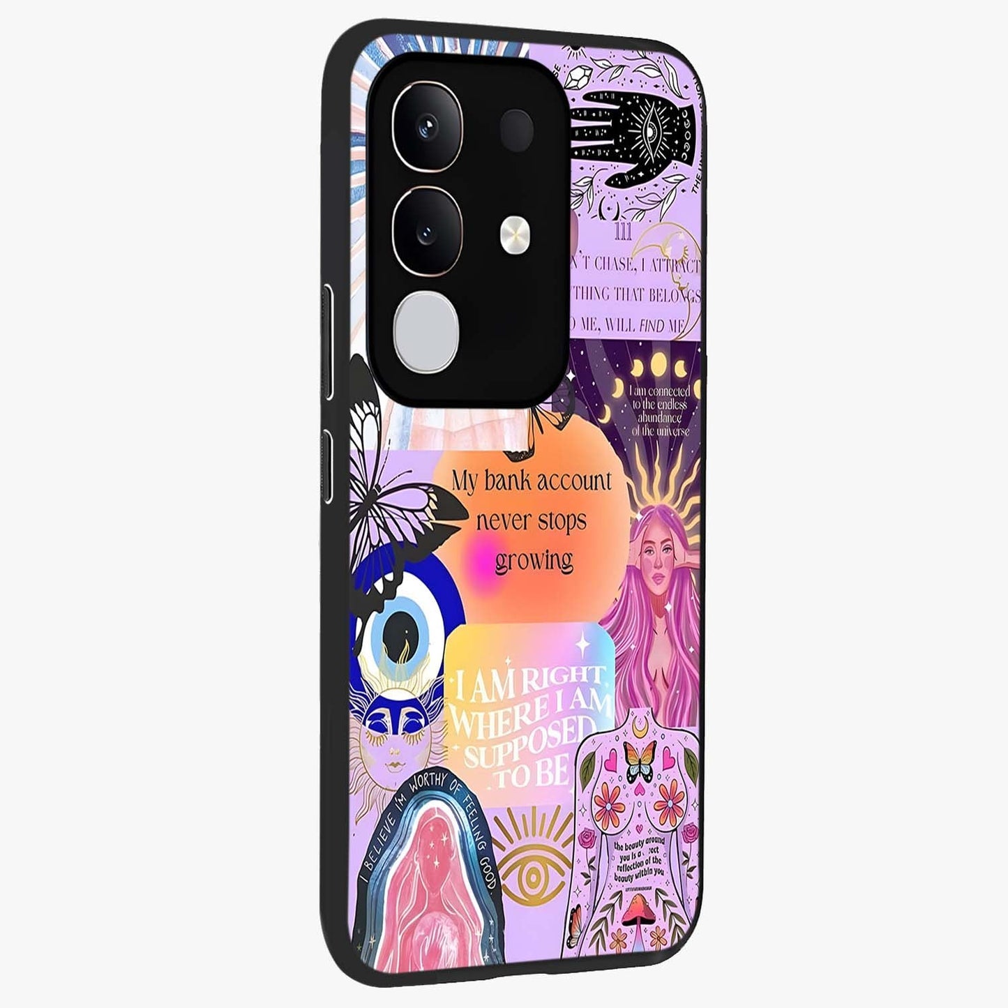 Manifestation Collage Glass Case upright view showcasing artistic manifestation themed artwork with creative style.
