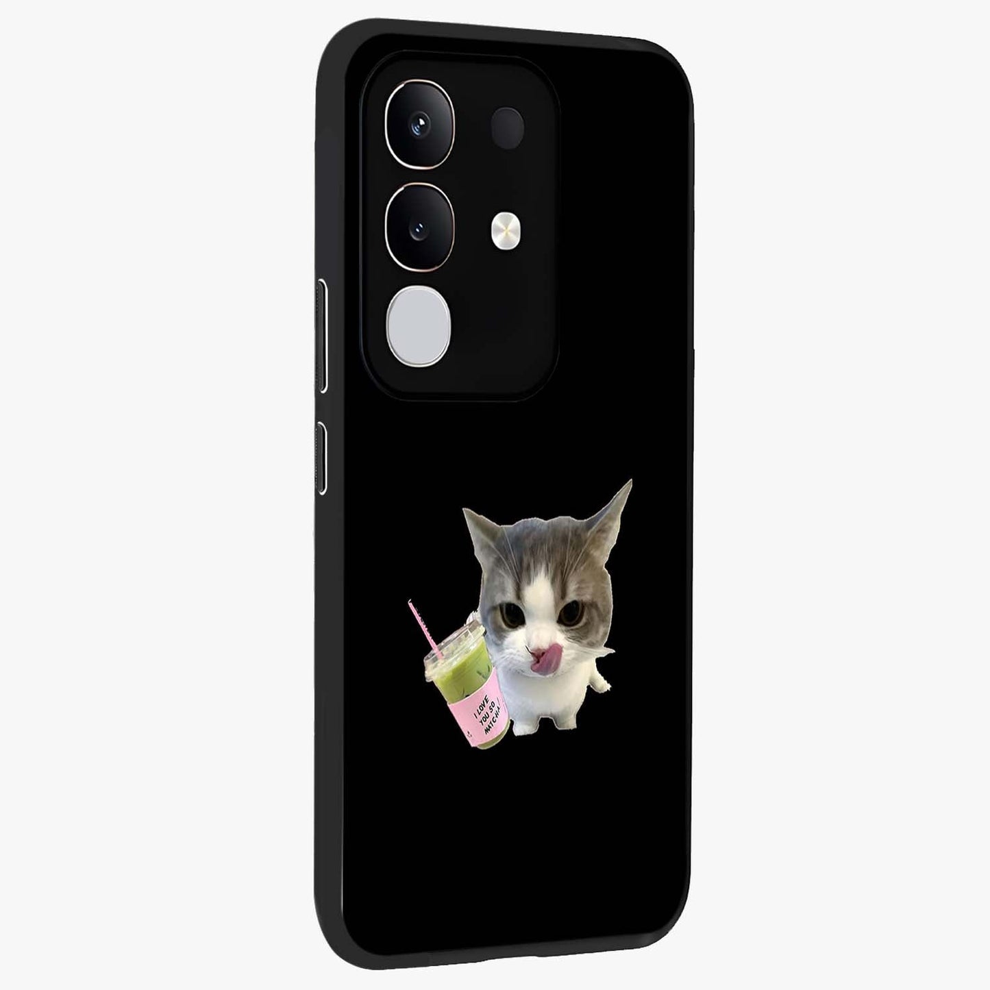 Matcha Cat Style Glass Case upright view showcasing charming cat artwork with cozy aesthetic theme.