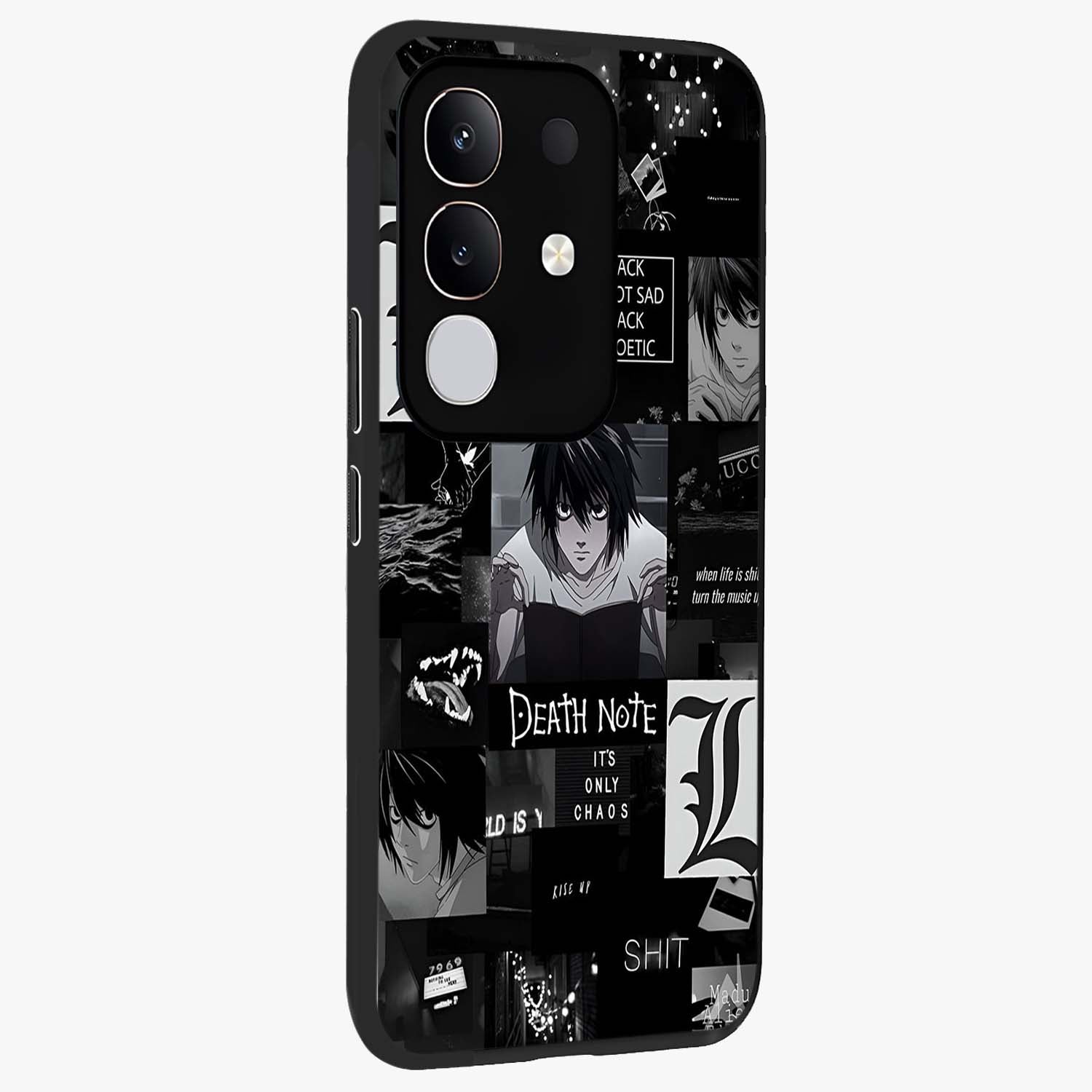 Midnight Chaos Mind Glass Case upright view showcasing expressive abstract artwork with bold dark theme.