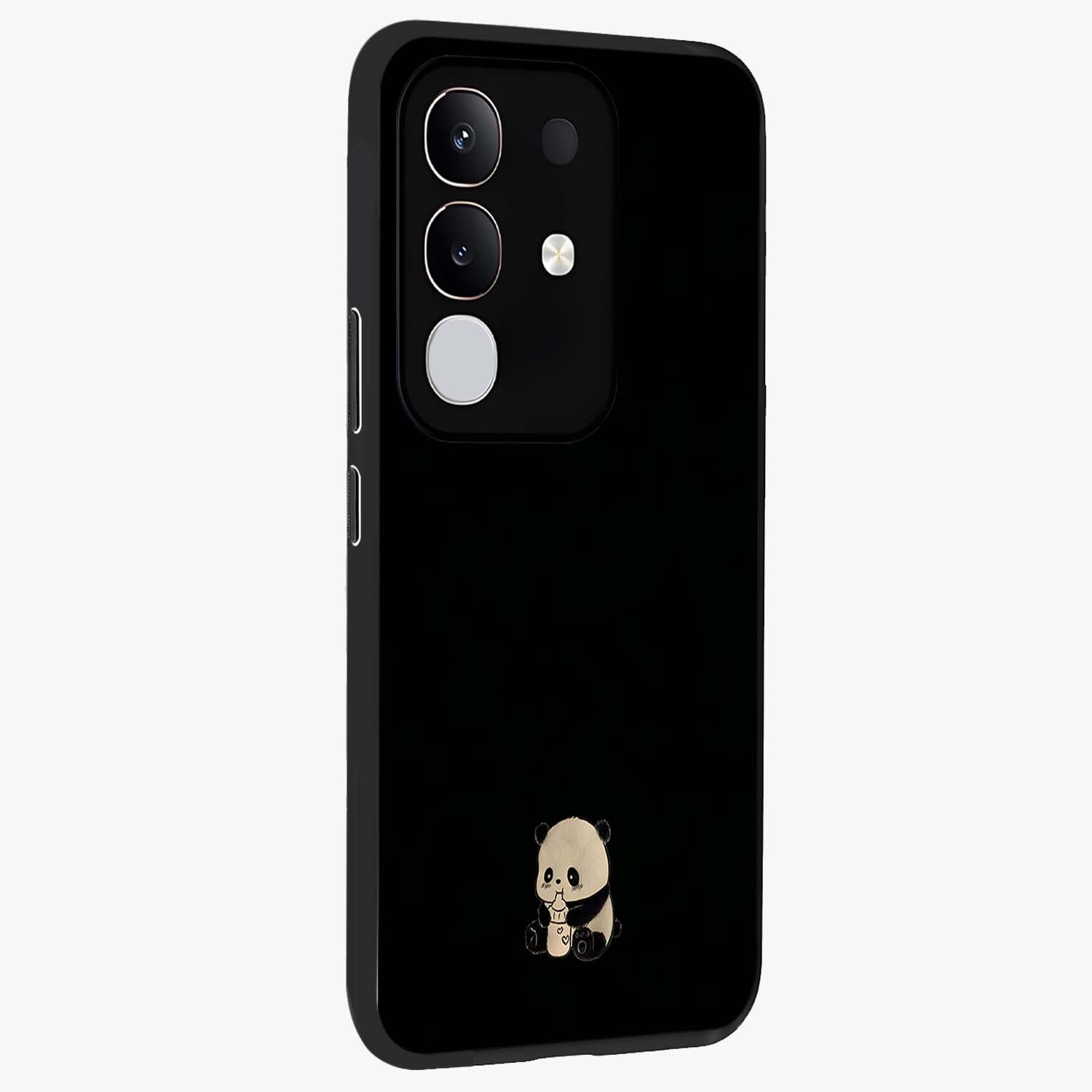 Midnight Panda Love Glass Case upright view showcasing charming panda artwork with playful romantic theme.