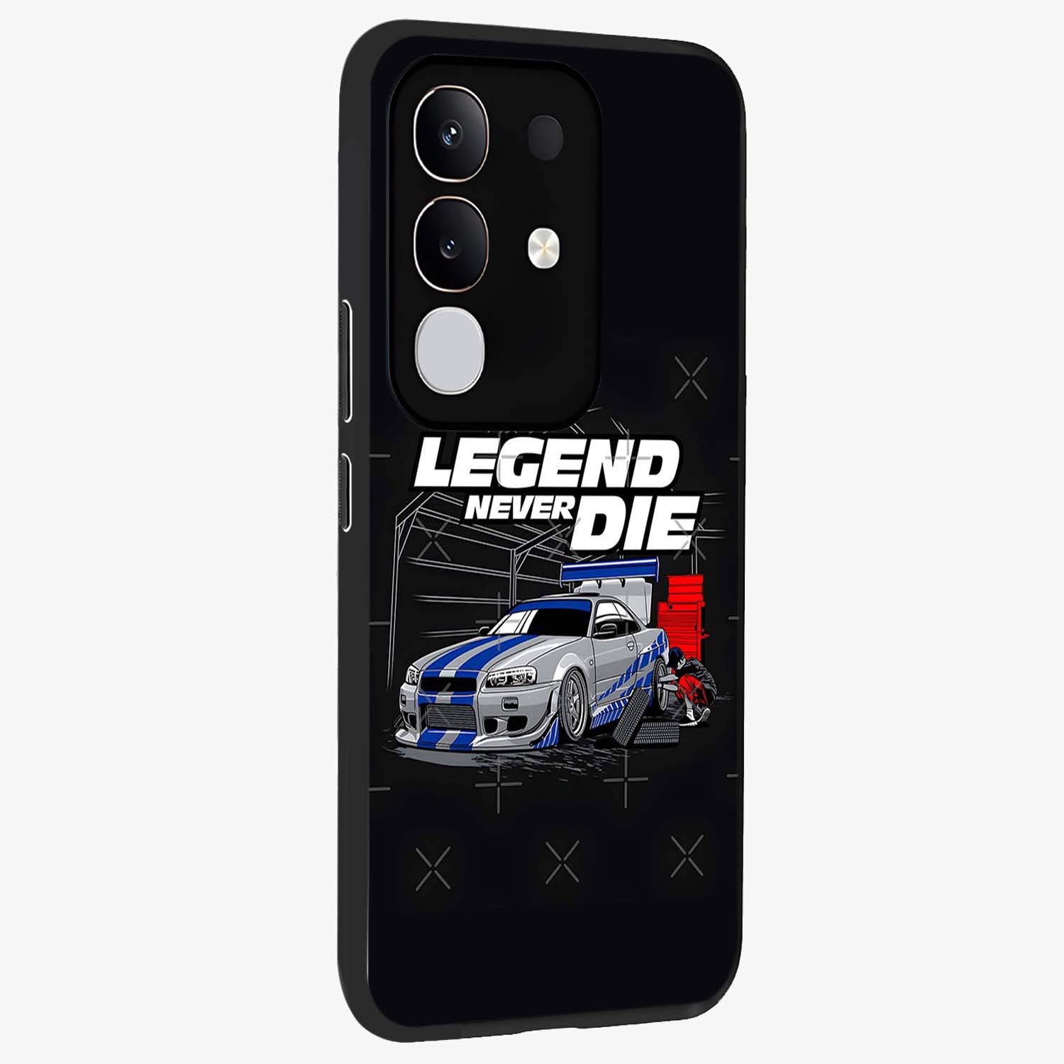 Midnight Racing Legacy Glass Case upright view showcasing powerful racing artwork with modern sports theme.