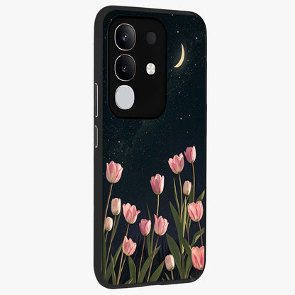 Midnight Tulip Whispers Vibe Glass Case upright view showcasing graceful tulip artwork with calm botanical theme.