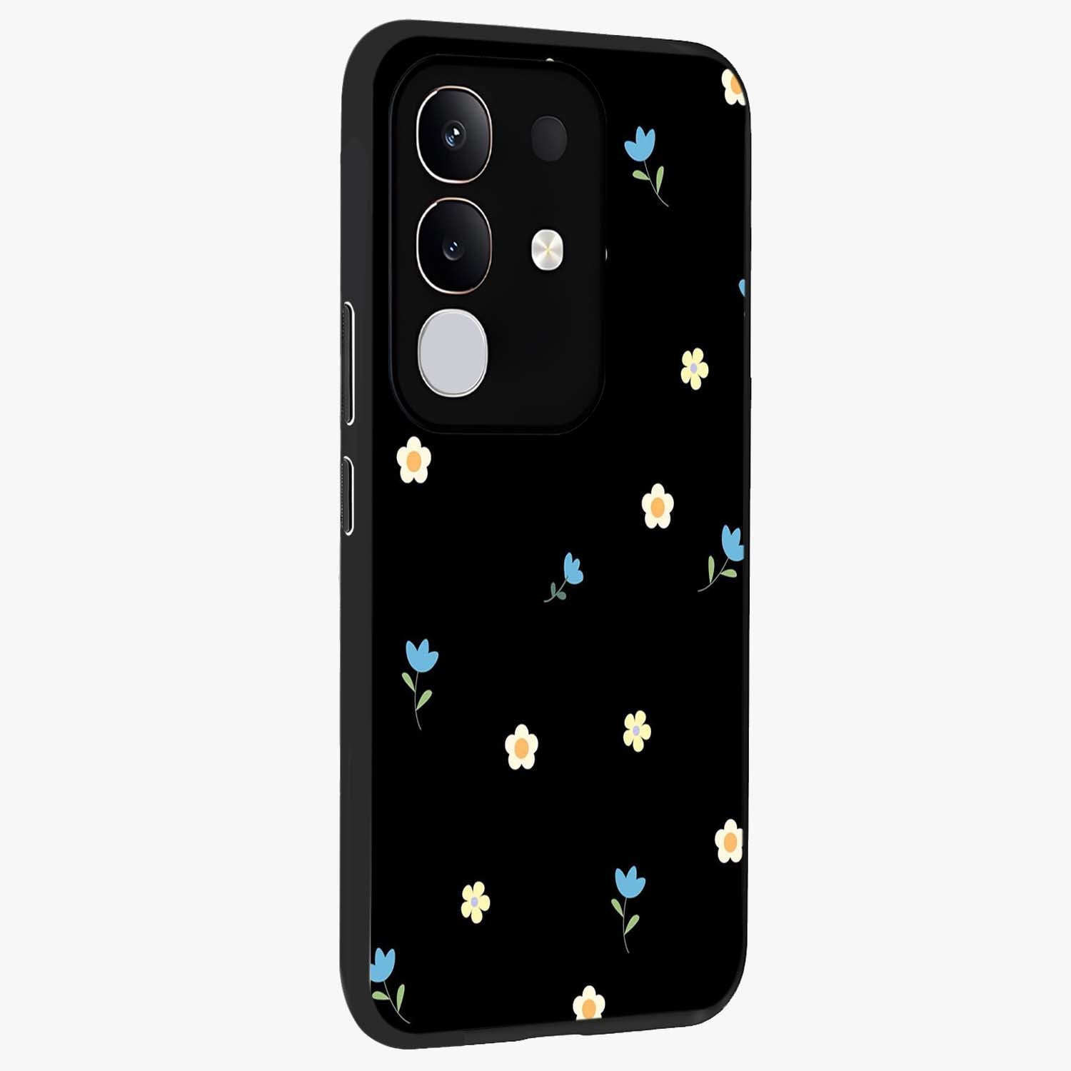 Minimal Petal Whispers Glass Case upright view showcasing elegant floral artwork with modern minimalist style.