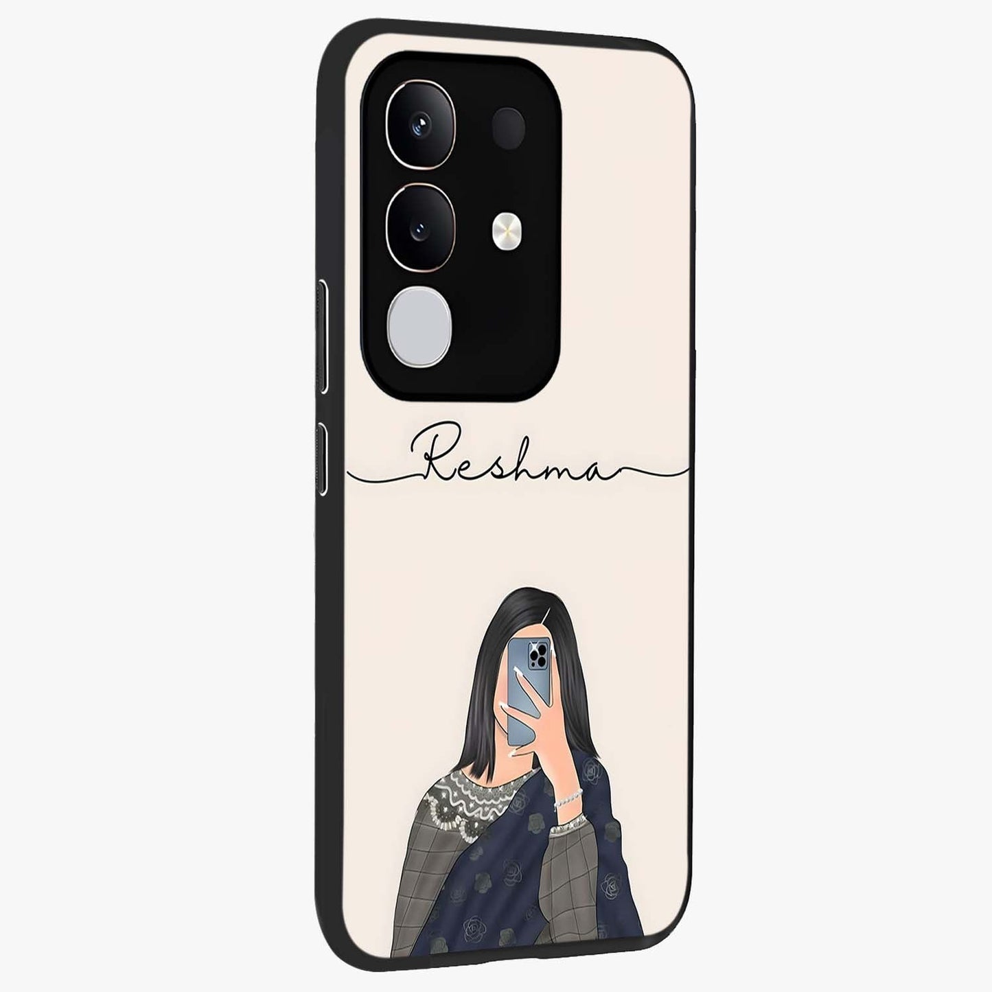 Mirror Mood Muse With Custom Name Glass Case upright view showcasing artistic mirror themed artwork with personalized aesthetic.