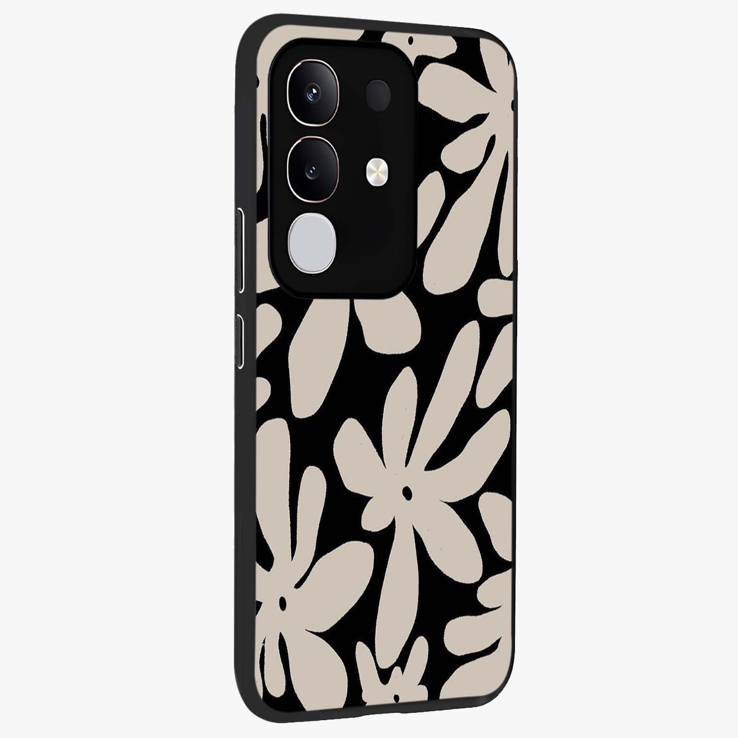 Monochrome Petal Dance Glass Case upright view showcasing artistic floral pattern with stylish monochrome theme.