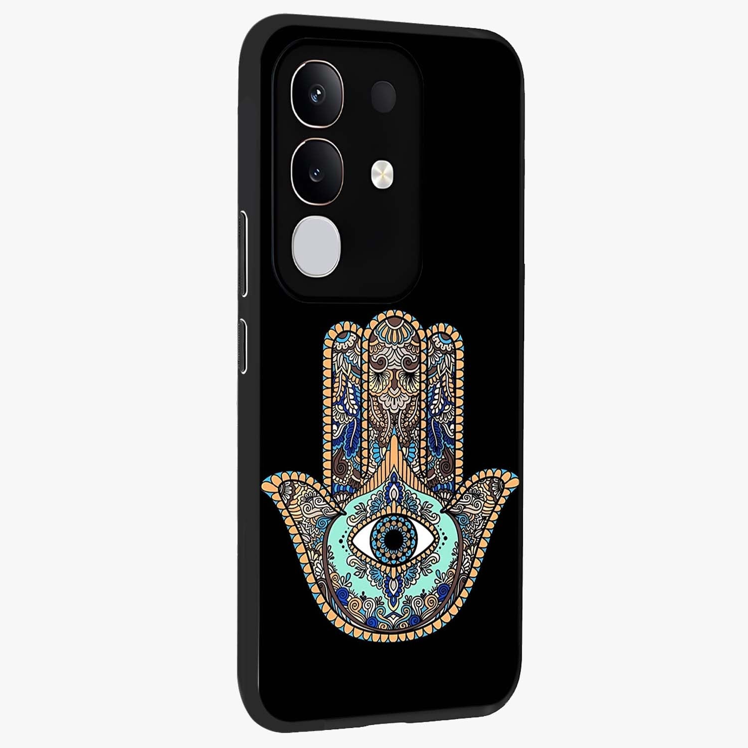 Mystic Hamsa Eye Glass Case upright view showcasing detailed hamsa eye artwork with protective spiritual theme.