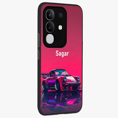 Neon Pink Porsche Glass Case upright view showcasing vibrant sports car artwork with bold automotive theme.