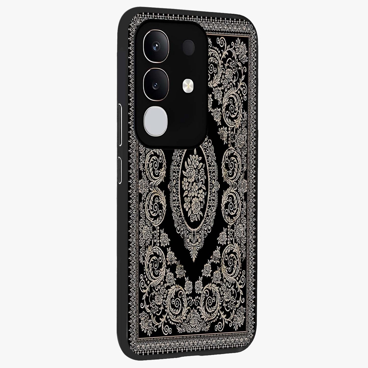 Noir Bloom Elegance Glass Case upright view showcasing graceful floral artwork with luxurious dark theme.