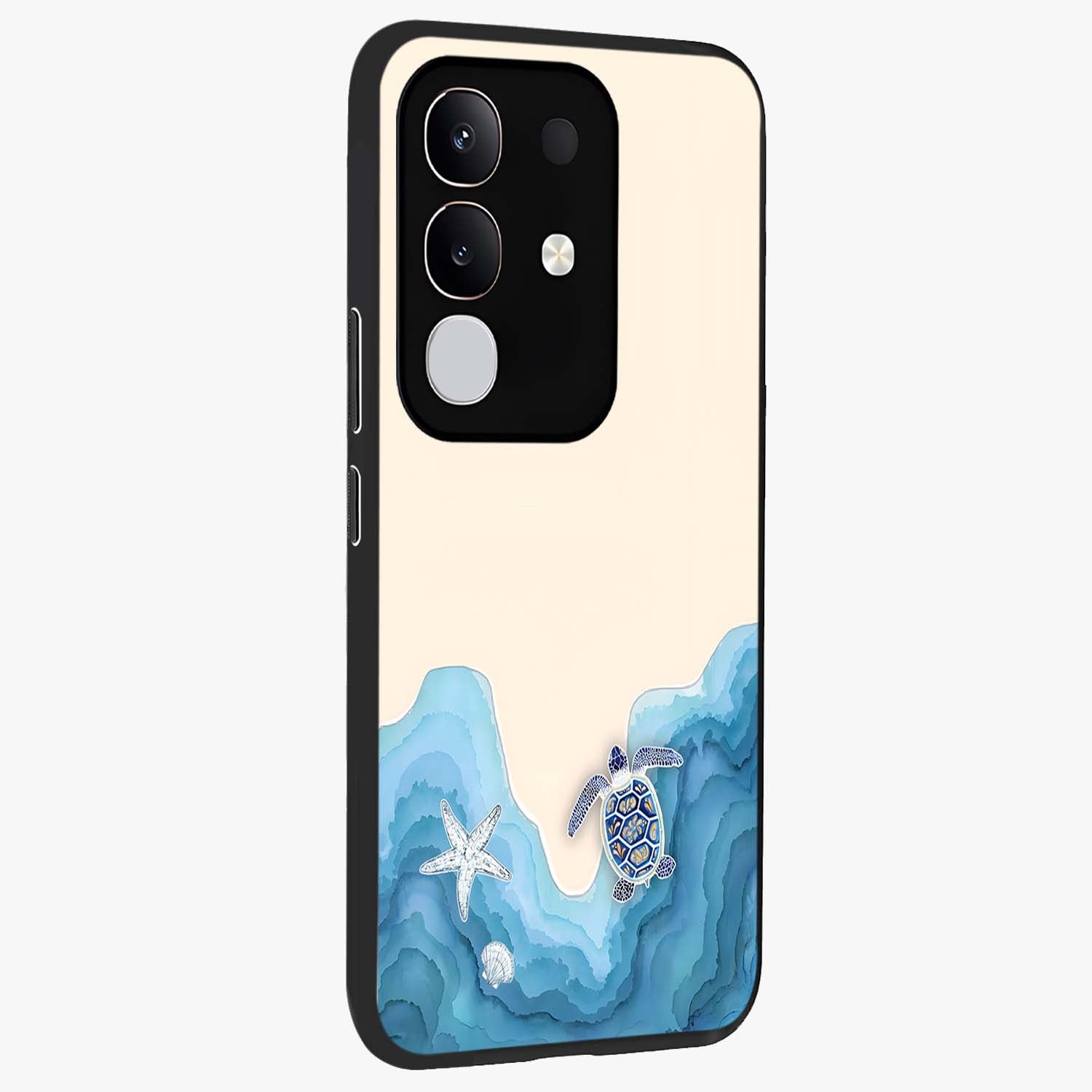 Ocean Drift Turtle Glass Case upright view showcasing calm underwater turtle artwork with nature inspired theme.