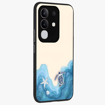 Ocean Drift Turtle Glass Case upright view showcasing calm underwater turtle artwork with nature inspired theme.