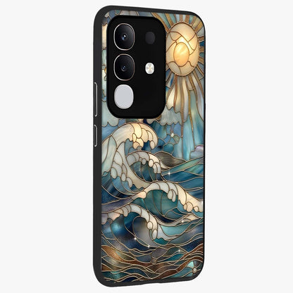 Oceanic Stained Printed Glass Case upright view showcasing decorative ocean pattern artwork with vibrant marine theme.