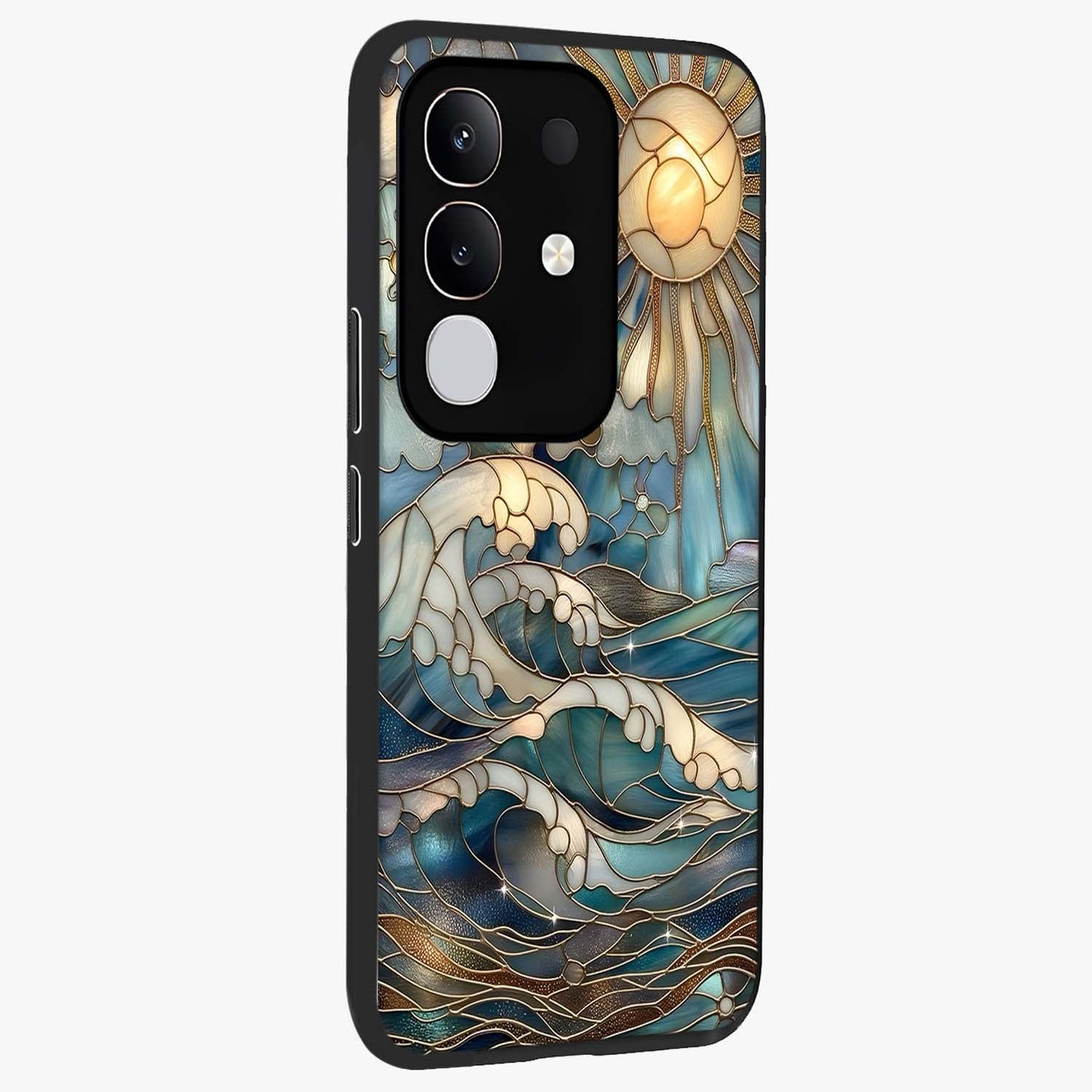 Oceanic Stained Printed Glass Case upright view showcasing decorative ocean pattern artwork with vibrant marine theme.