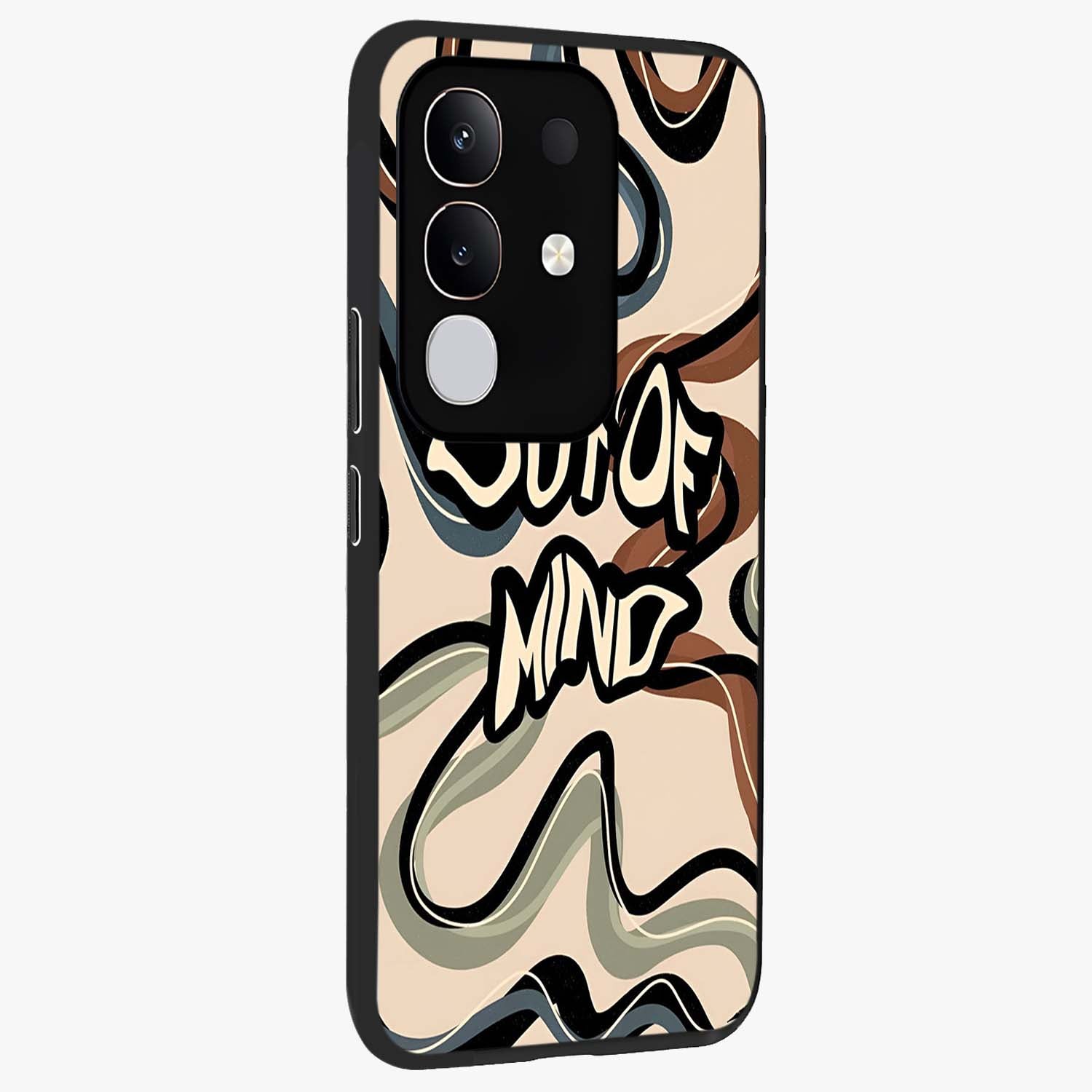 Out Of Mind Glass Case upright view showcasing striking typography artwork with edgy conceptual theme.