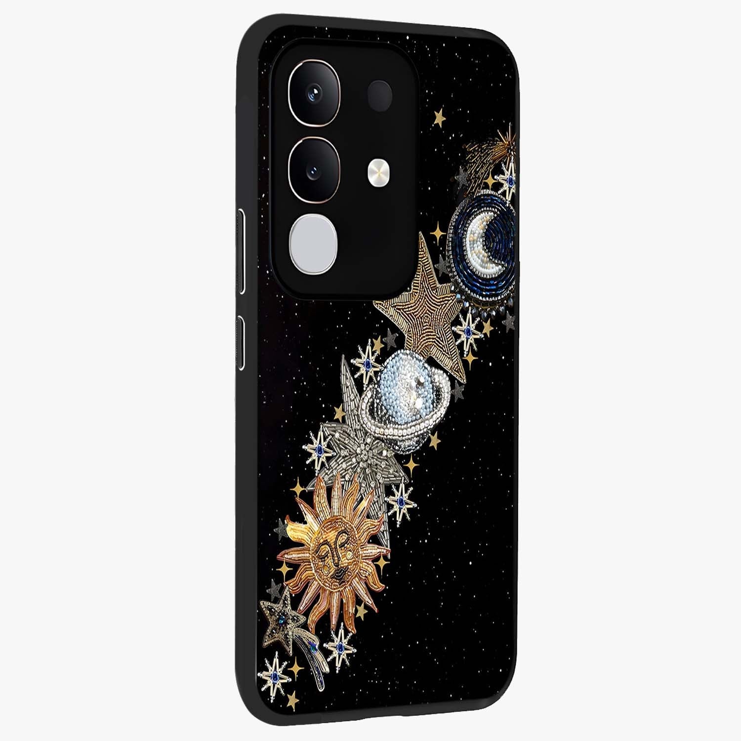 Pearls Universe Object Glass Case upright view showcasing decorative pearl themed artwork with cosmic elegance.