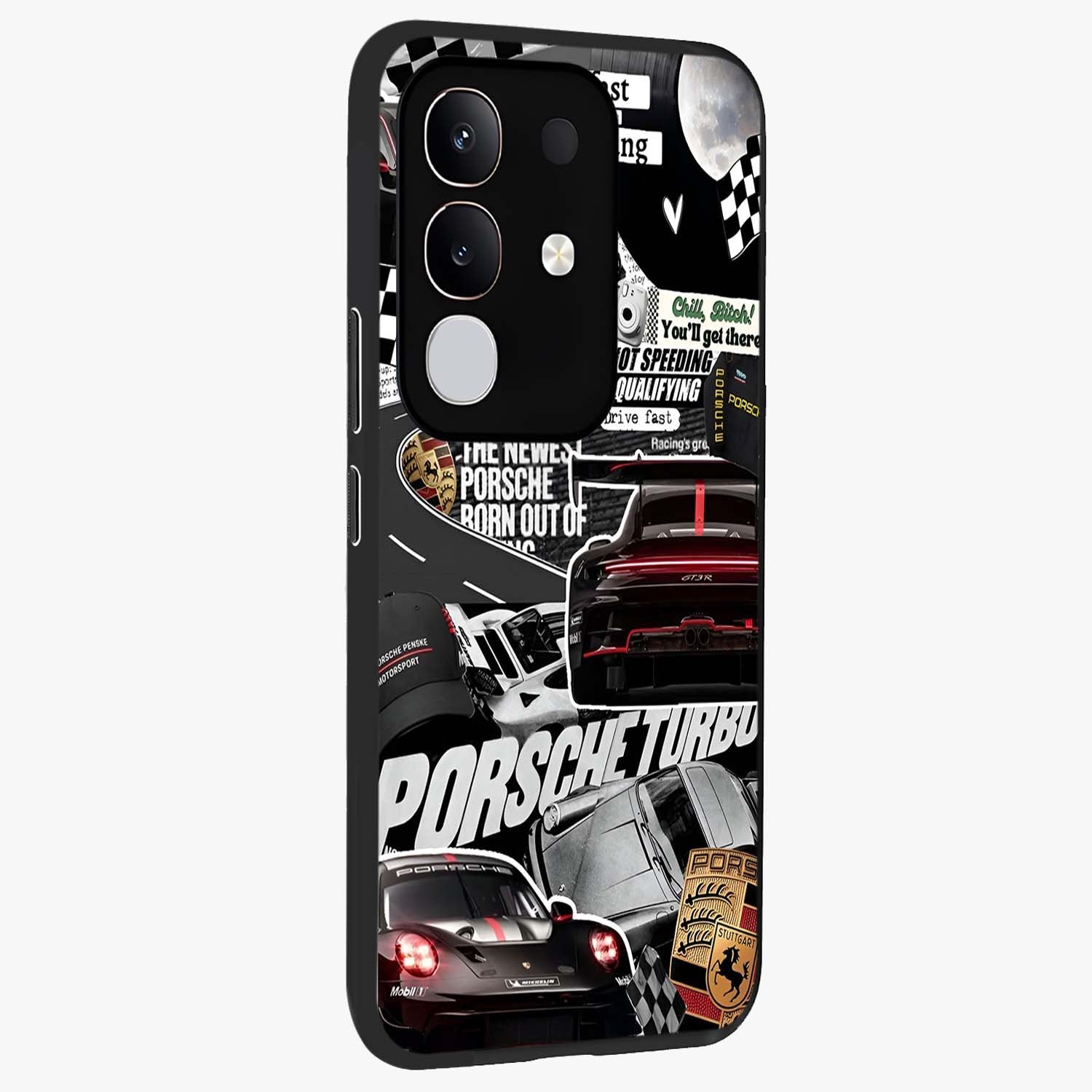 Porsche Racing Collage Glass Case upright view showcasing energetic car collage artwork with high speed racing theme.