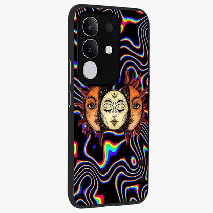 Psychedelic Sun Glass Case upright view showcasing trippy sun artwork with bold psychedelic theme.