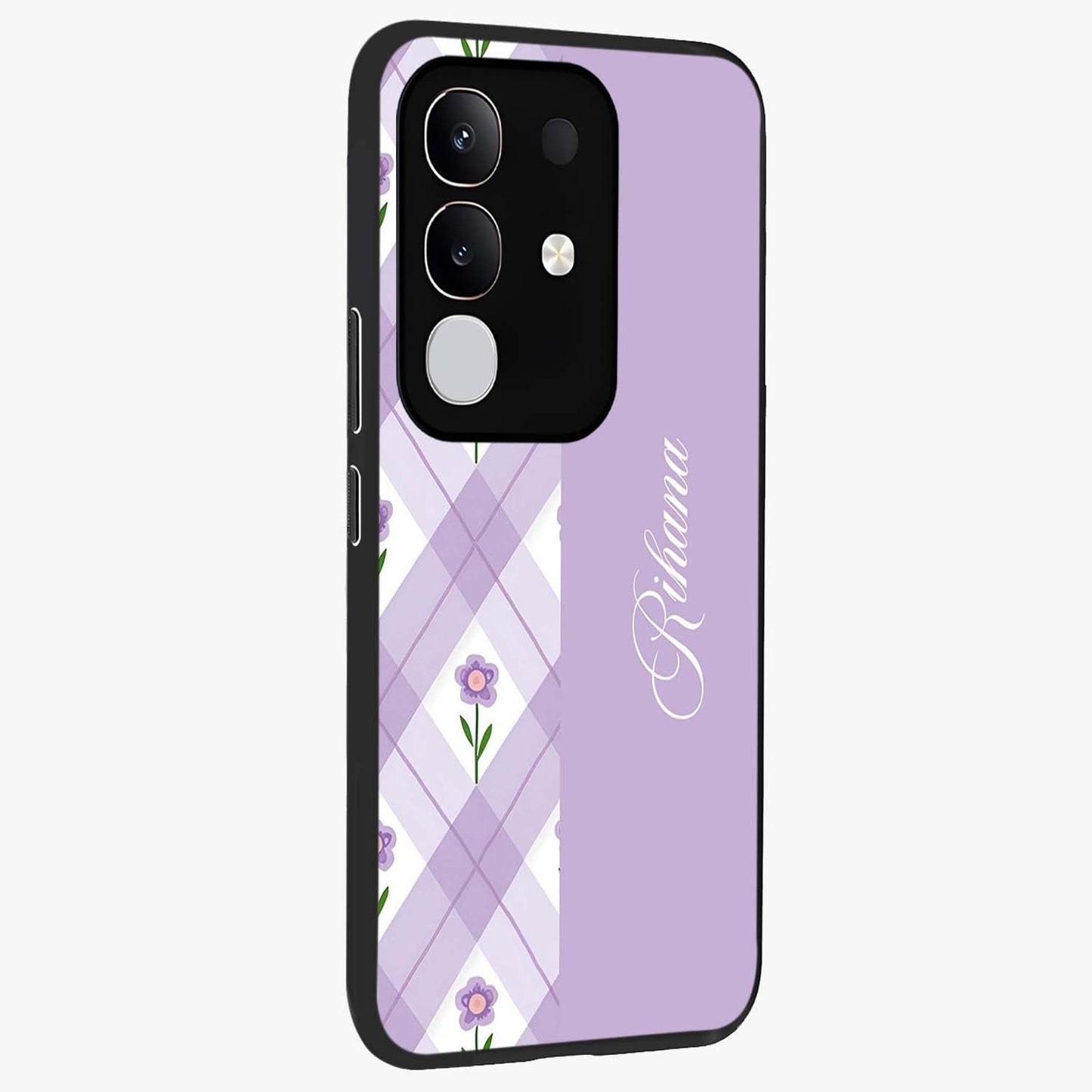Purple Diamond Floral Glass Case upright view showcasing vibrant floral artwork with stylish geometric theme.