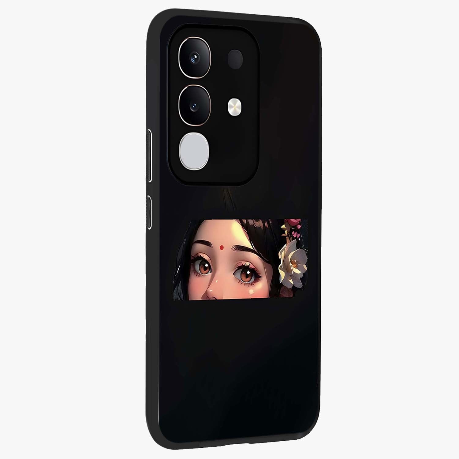 Radha Divine Embrace Glass Case upright view showcasing sacred Radha themed artwork with peaceful devotional style.