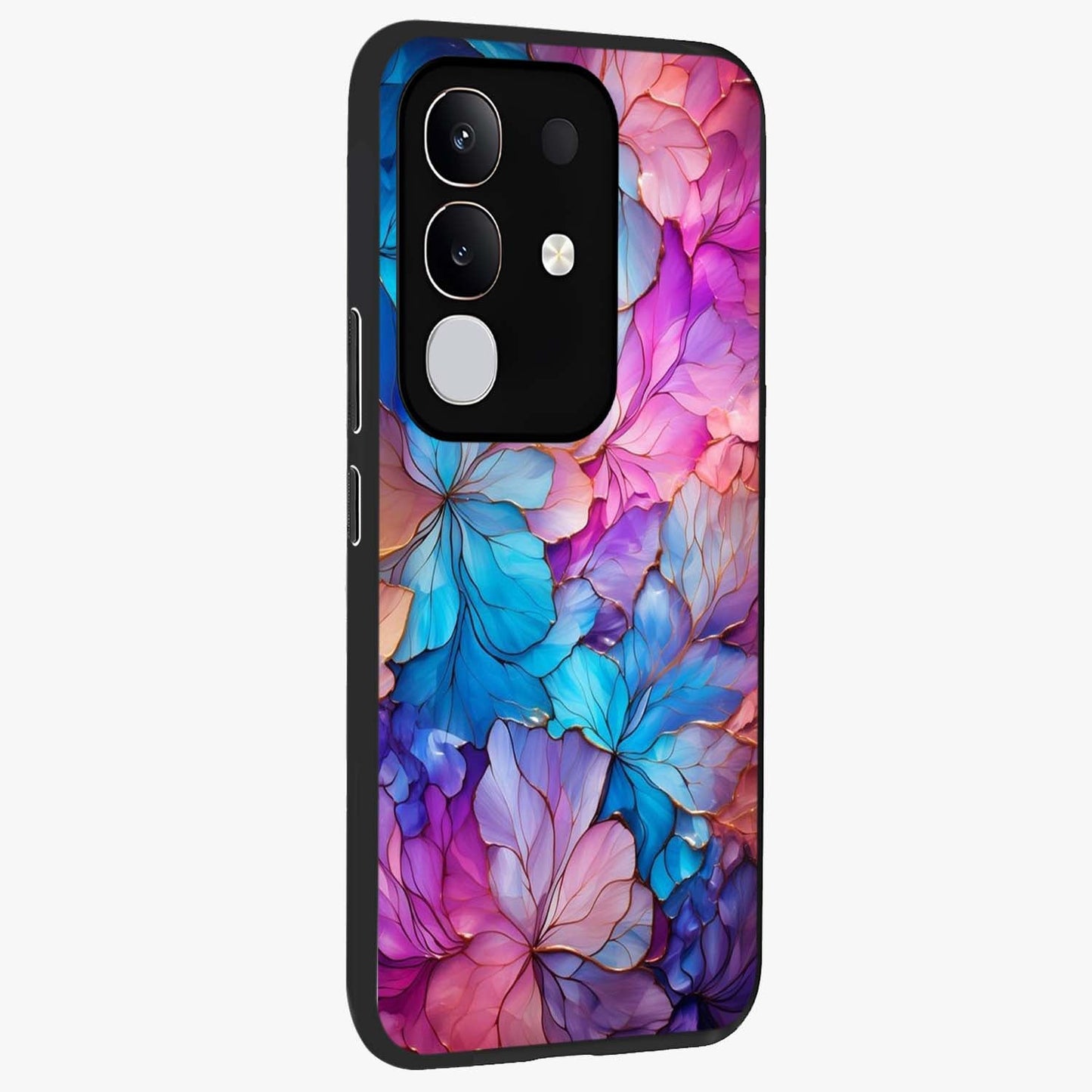 Radiant Floral Whirl Glass Case upright view showcasing lively floral artwork with decorative swirl theme.