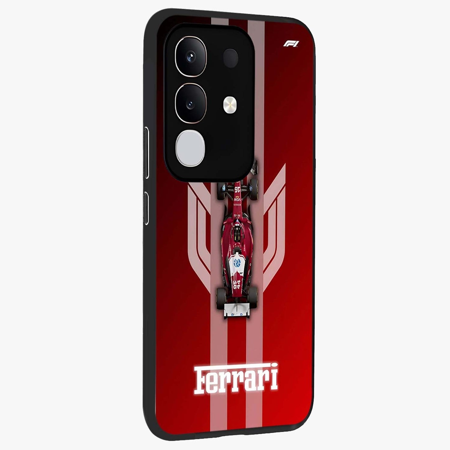 Red Ferrari F1 Vertical Glass Case upright view showcasing powerful Formula car artwork with dynamic motorsport theme.