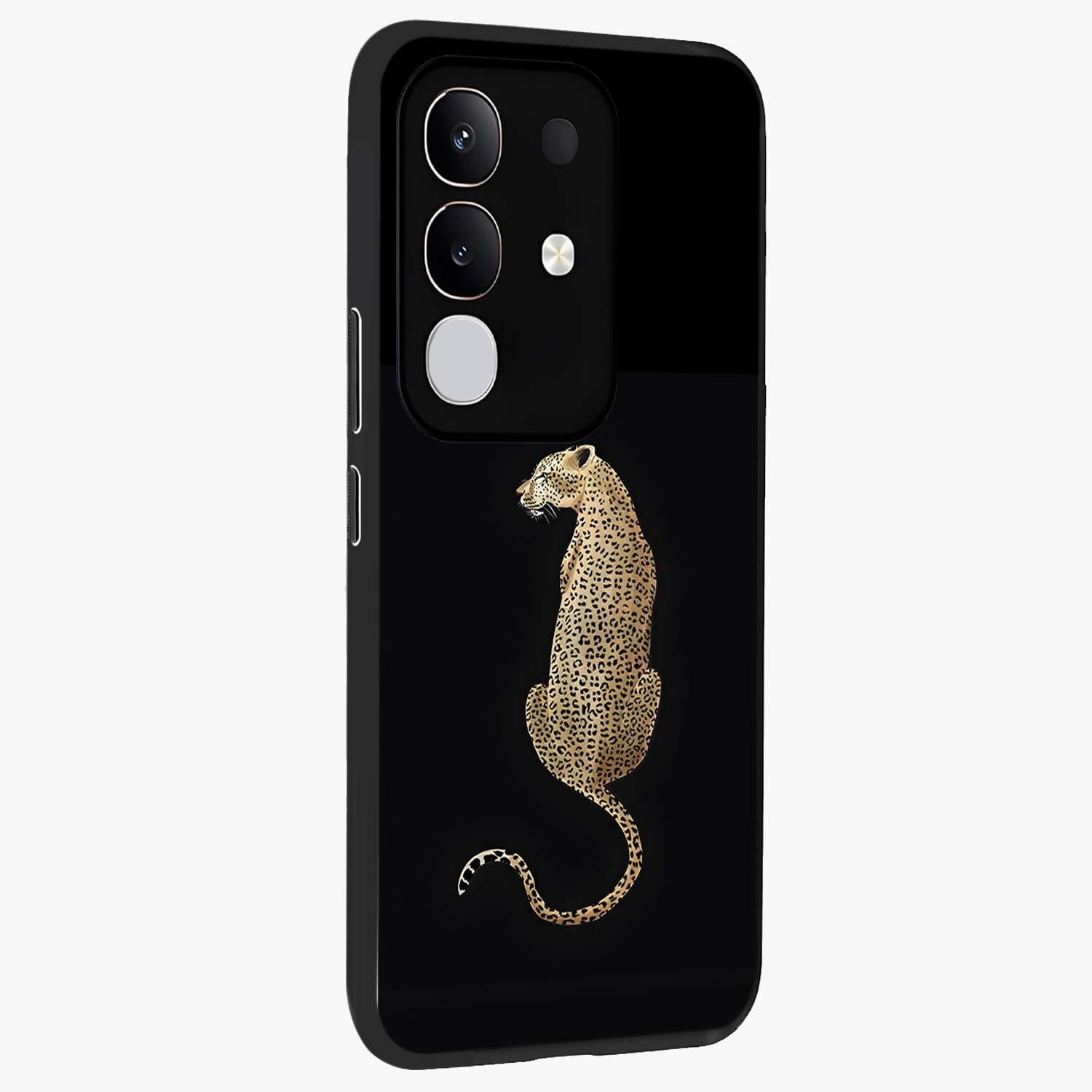 Regal Leopard Glass Case upright view showcasing striking leopard artwork with fierce wildlife theme.