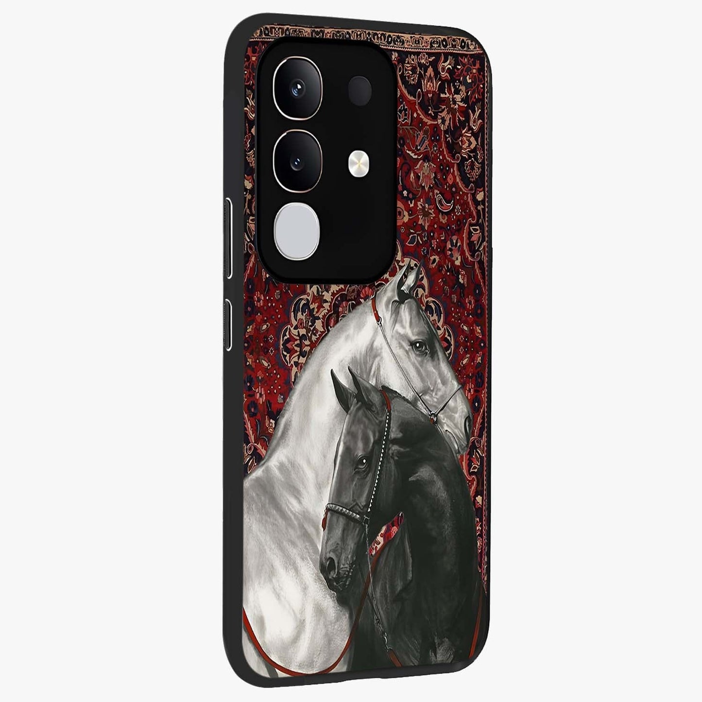 Regal Stallion Tapestry Glass Case upright view showcasing powerful horse artwork with elegant tapestry theme.