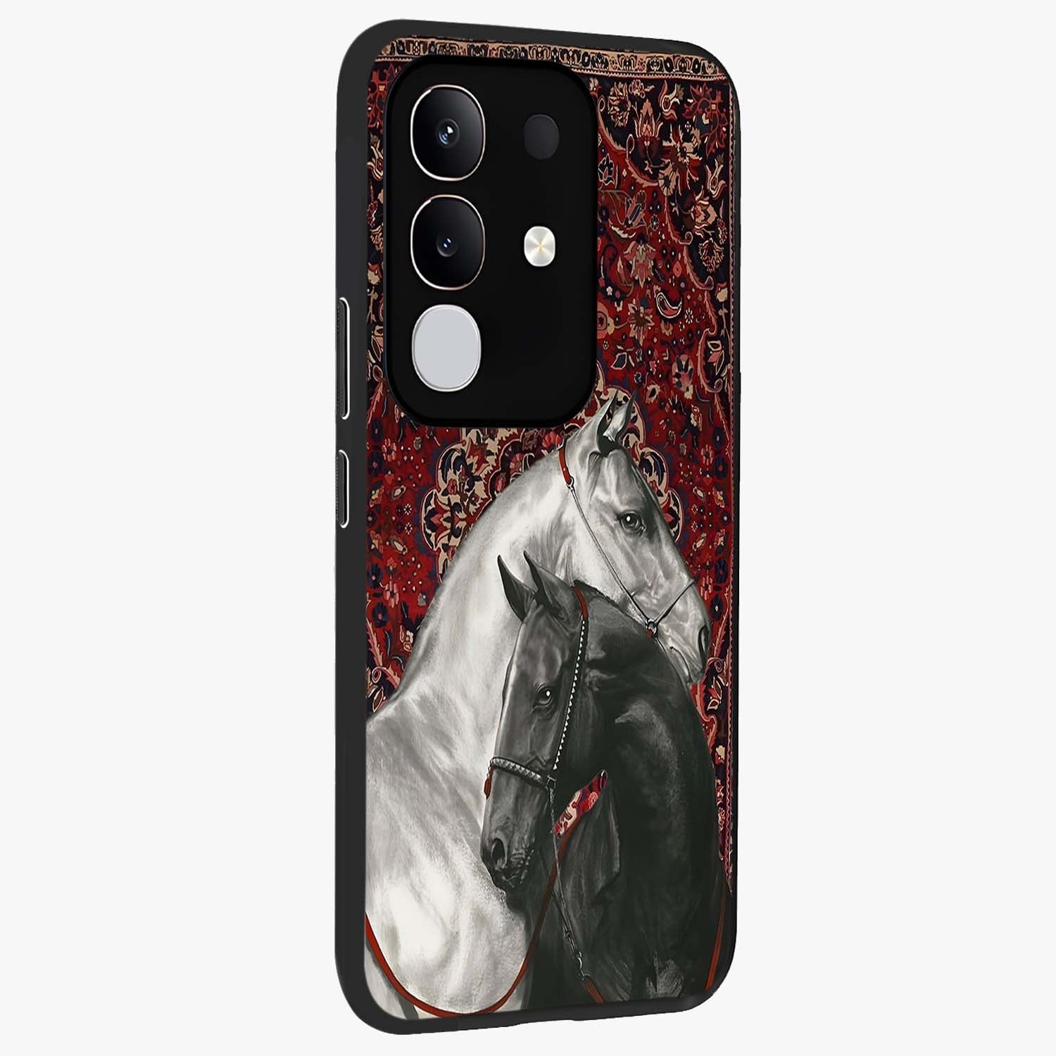 Regal Stallion Tapestry Glass Case upright view showcasing powerful horse artwork with elegant tapestry theme.