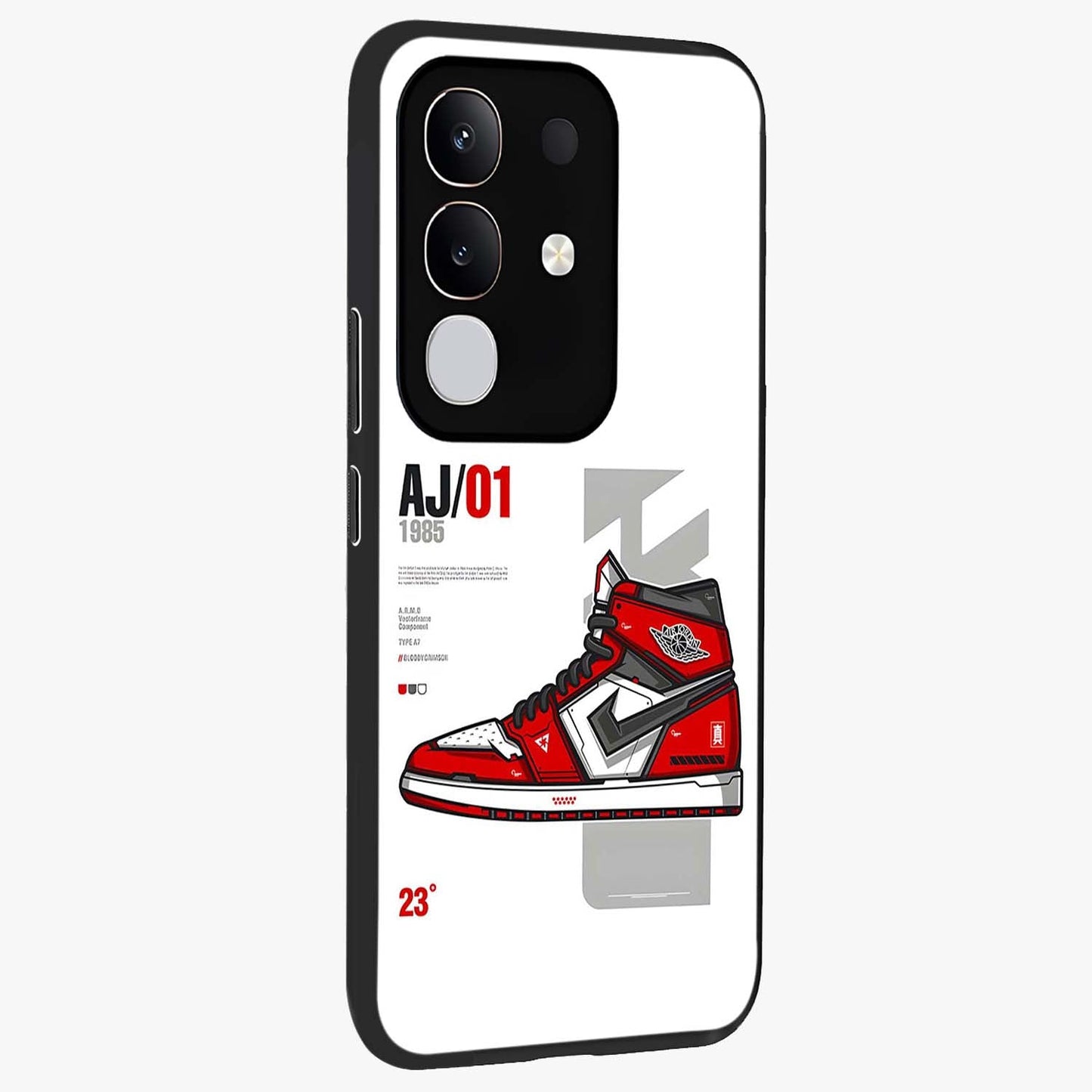 Retro Sneaker Blueprint Glass Case upright view showcasing stylish sneaker illustration with vintage streetwear theme.