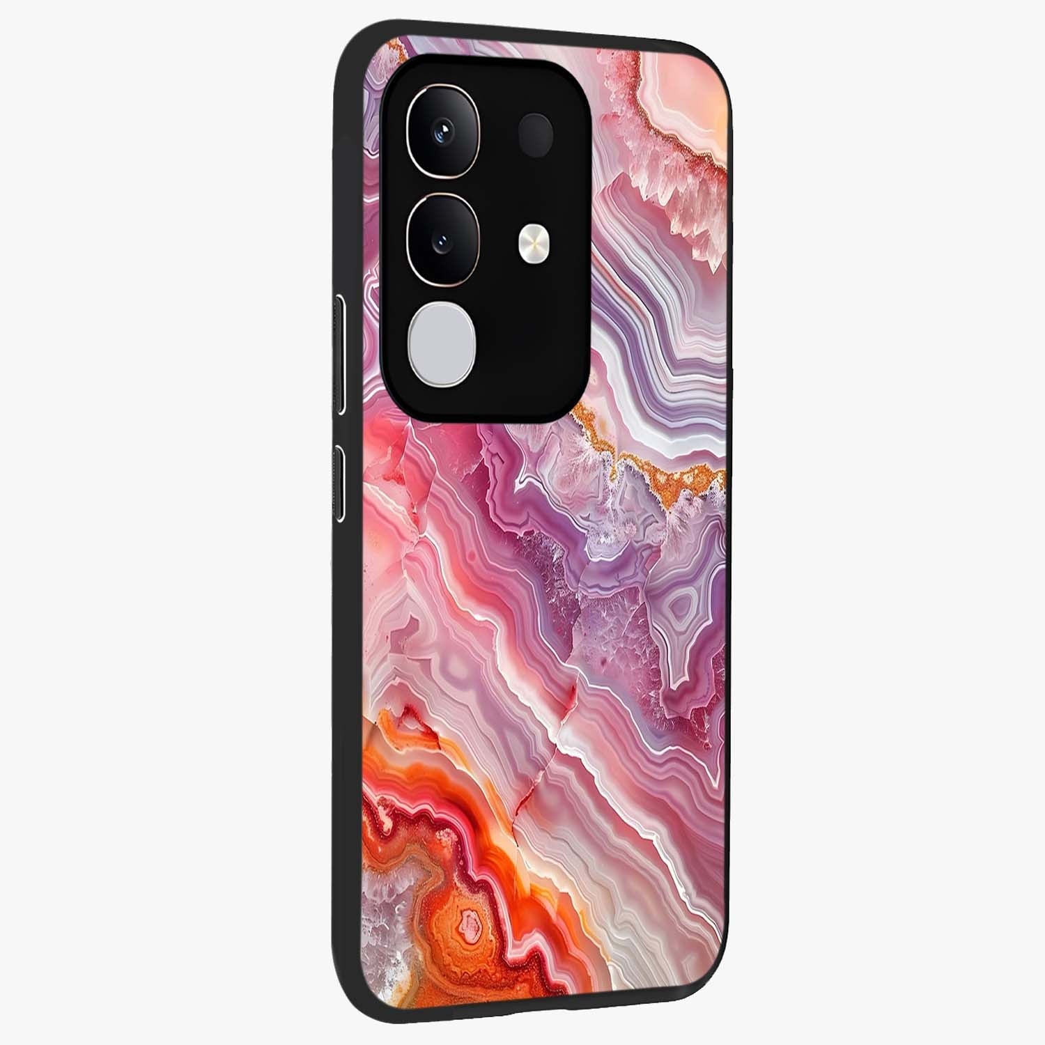 Rose Quartz Marble Glass Case upright view showcasing decorative marble artwork with luxurious pastel theme.