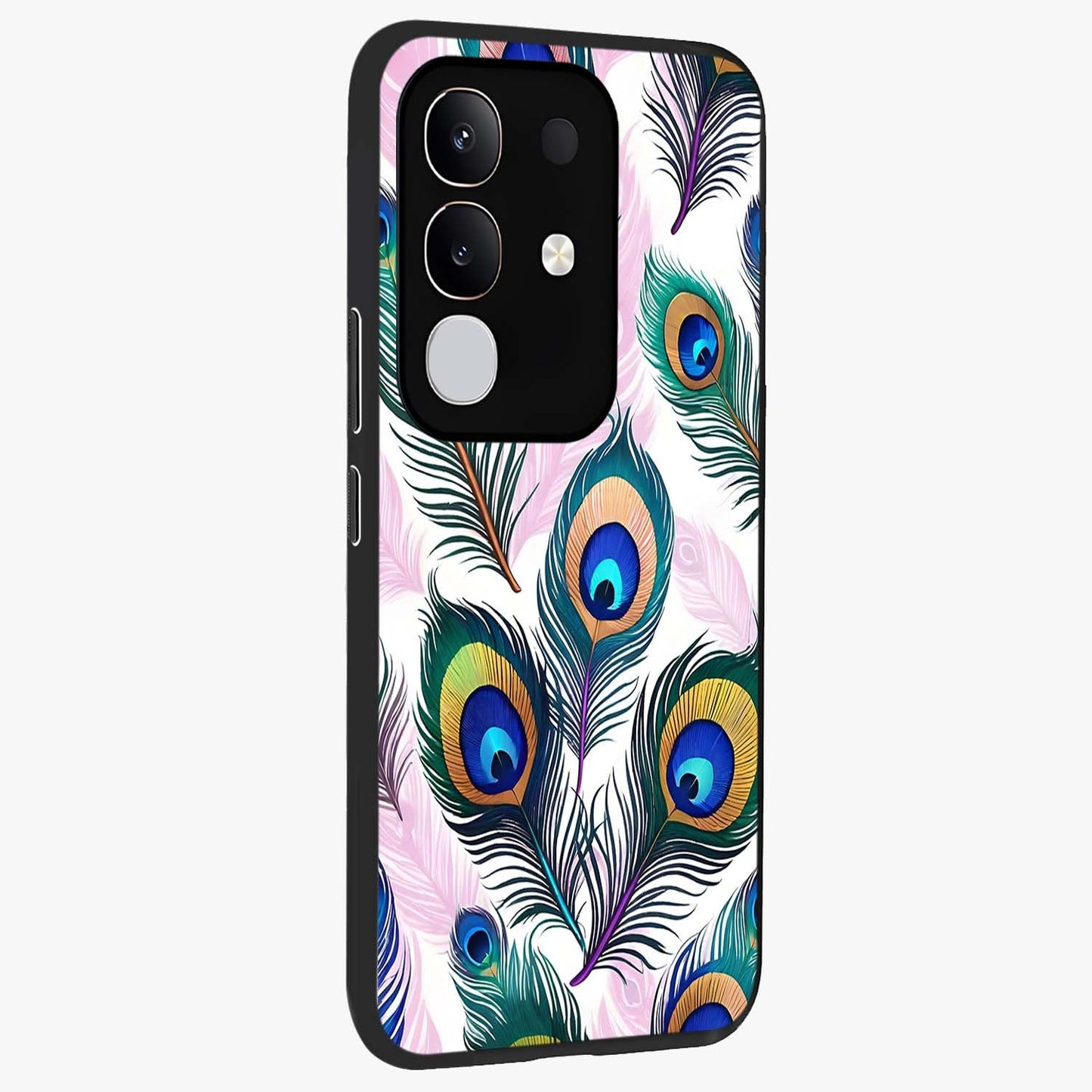 Royal Peacock Feathers Glass Case upright view showcasing elegant peacock feather artwork with decorative royal theme.